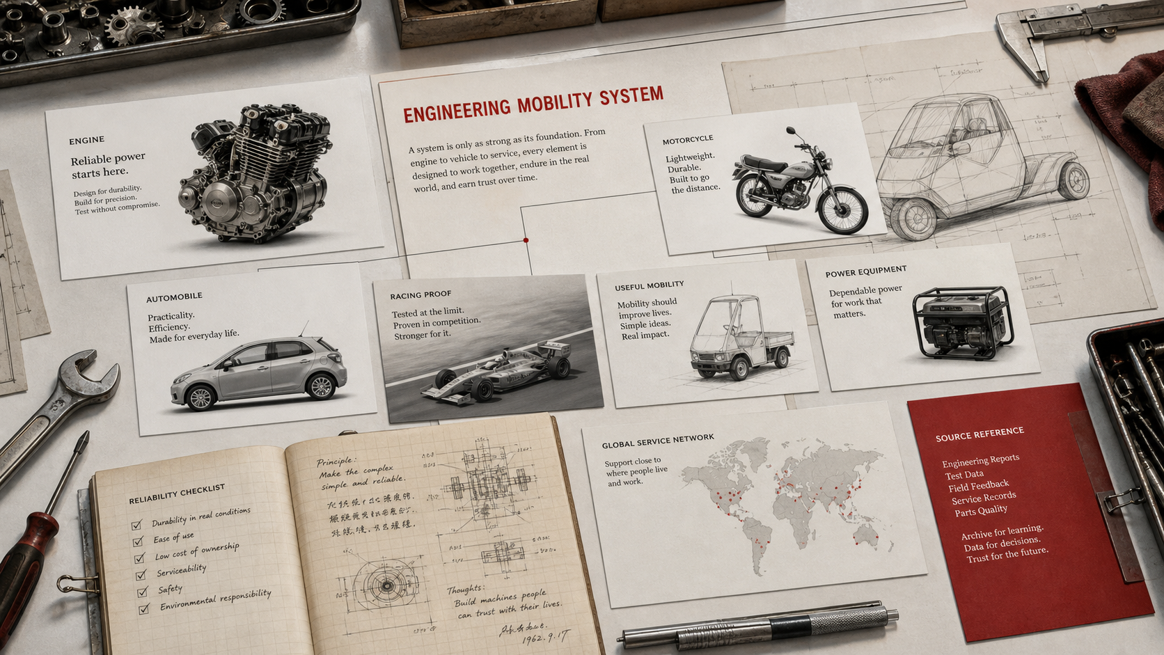 Premium editorial archive still-life of a Honda engineering mobility case with engine card, motorcycle card, small car sketch, power equipment card, racing proof sheet, reliability checklist, workshop notebook, global service map, and red source-reference card