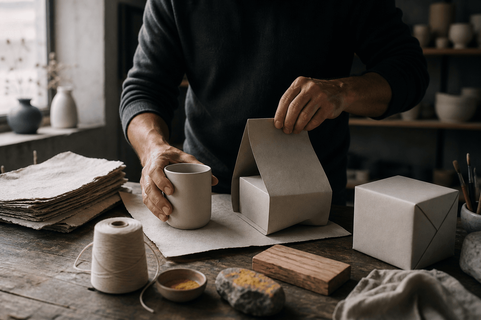 A maker constructing the first unbranded product package from raw paper, thread, wood, pigment, and ceramic.