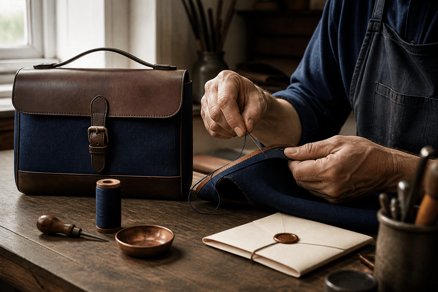 A craftsperson hand-stitching a durable unbranded object beside the completed version.
