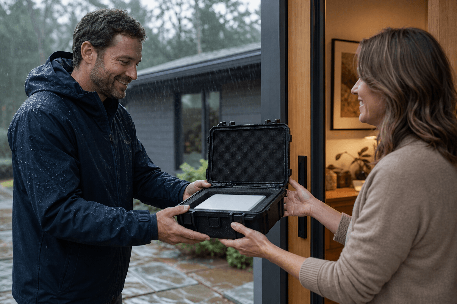 A rain-soaked service worker delivering a dry protected component to a customer.