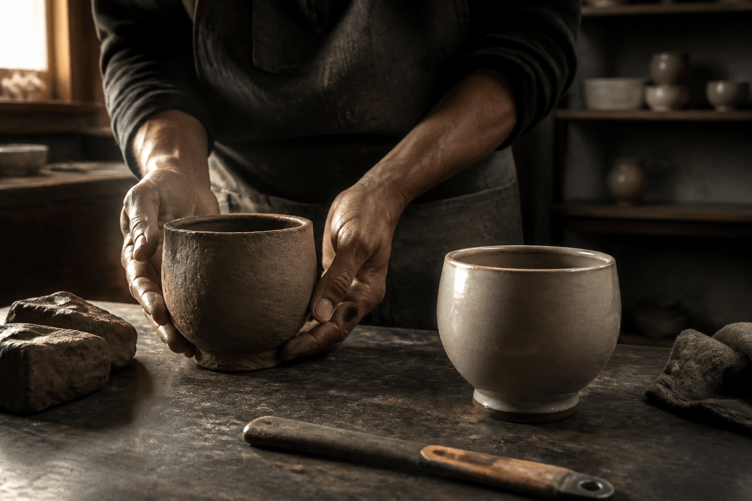 An artisan comparing an imperfect early clay vessel with a refined finished vessel in a working studio.