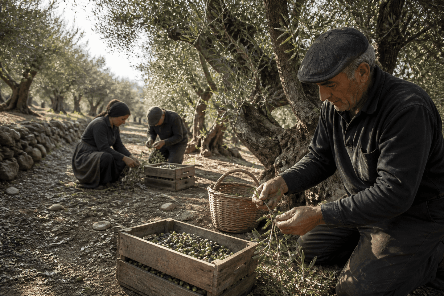 A multigenerational team hand-harvesting olives in a mature grove as evidence of repeated operating truth.