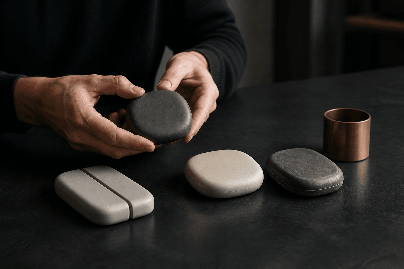 An evaluator comparing pristine and worn unbranded product prototypes through direct handling.