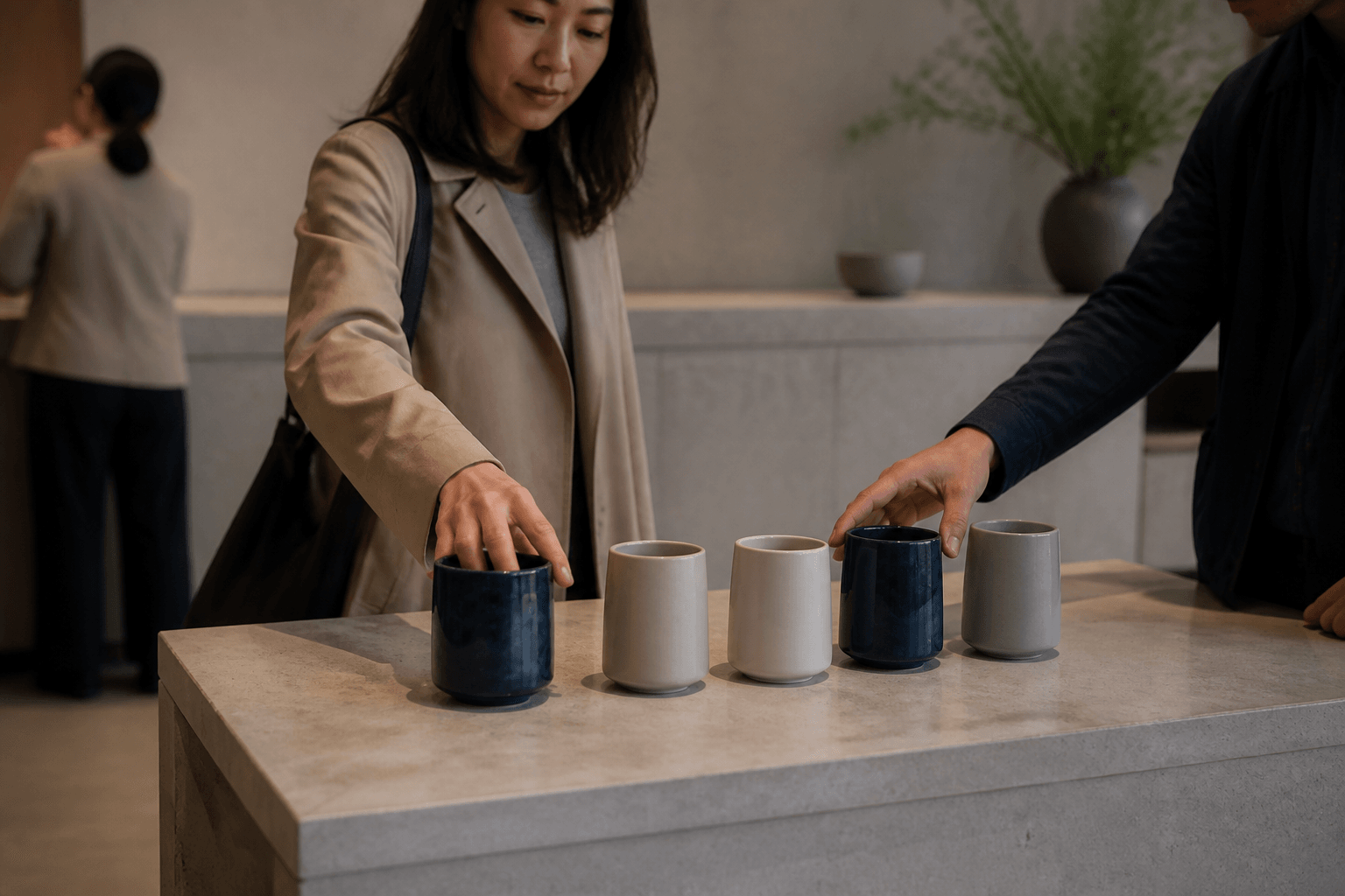 Two customers independently selecting the same distinct unbranded vessel among neutral alternatives.