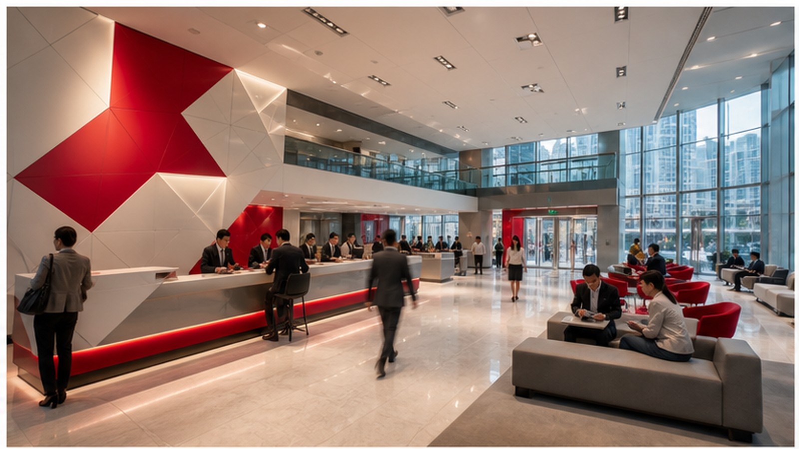 HSBC branch and banking service setting with red-white recognition cues and real customer context.