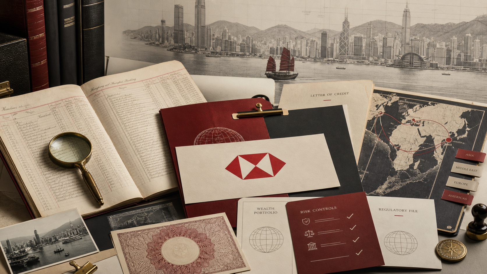 Premium editorial archive still-life for the HSBC case with Hong Kong trade ledger, shipping route map, branch network tabs, wealth account card, risk-control file, and red-and-white source-mark card