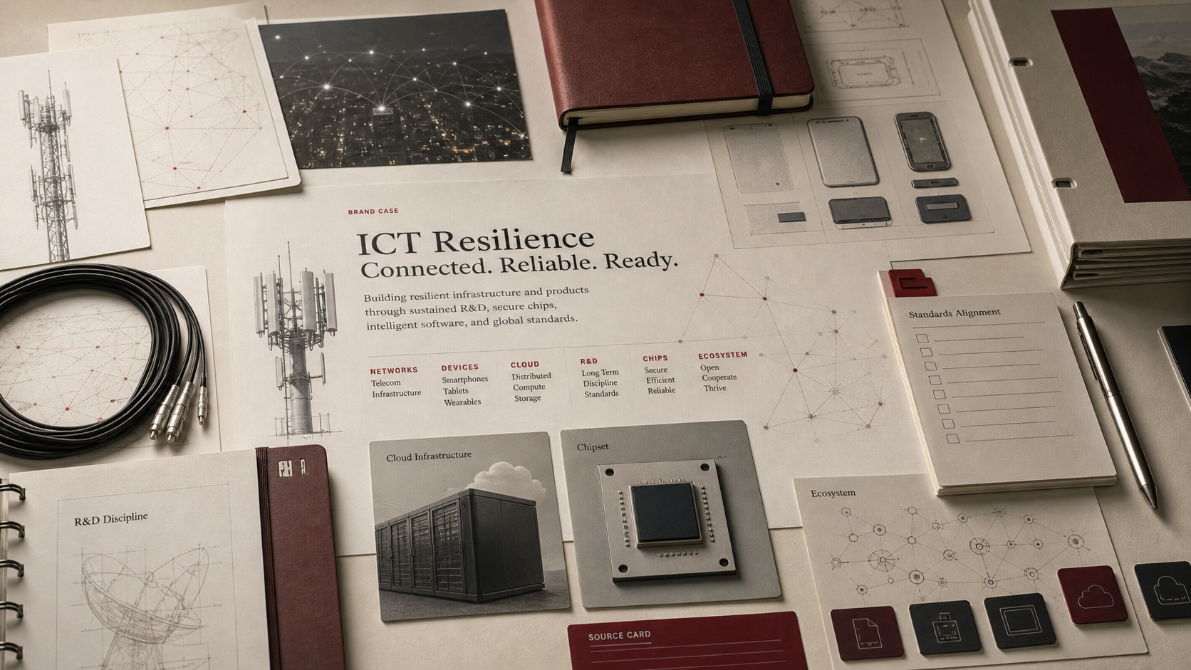 Premium editorial archive still-life of a Huawei ICT resilience case with telecom tower drawings, network maps, device studies, chipset card, cloud infrastructure card, standards checklist, and red source card