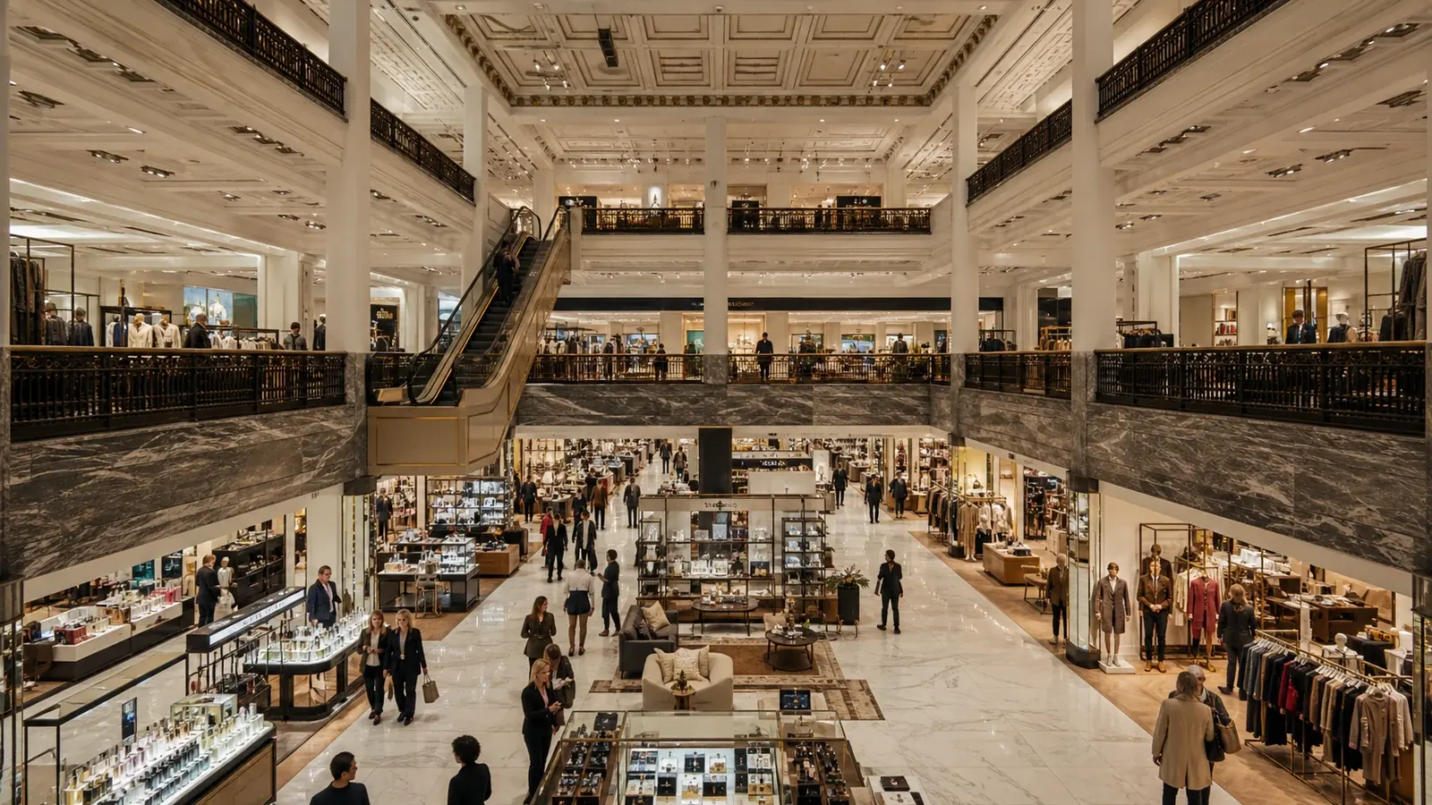 A grand multilevel department store with fashion, beauty, home, and escalator systems.