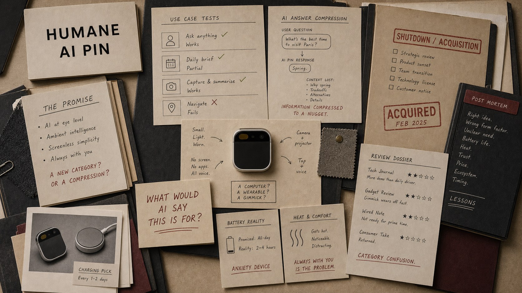 Premium editorial archive still-life of a Humane AI Pin promise compression case with source-mark card, square wearable pin silhouette, charging card, voice prompt cards, review dossier, heat and battery notes, shutdown acquisition folder, and AI answer compression sheet