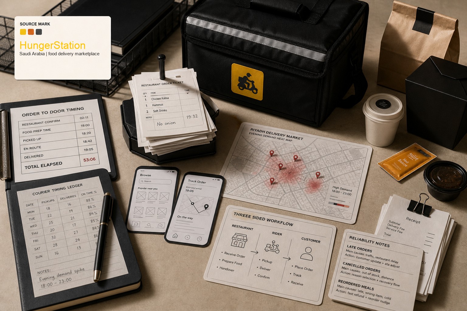 Premium editorial archive still-life of a HungerStation food delivery marketplace case with source-mark card, insulated delivery bag, restaurant order tickets, phone app wireframe cards, Riyadh delivery route map, timing ledger, receipt stack, courier workflow card, and reliability notes
