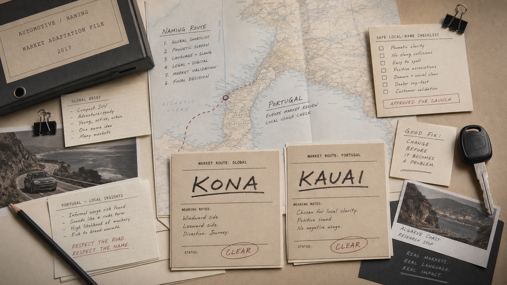 Premium editorial archive still-life of a naming map, local-market route cards, and place-name checklist
