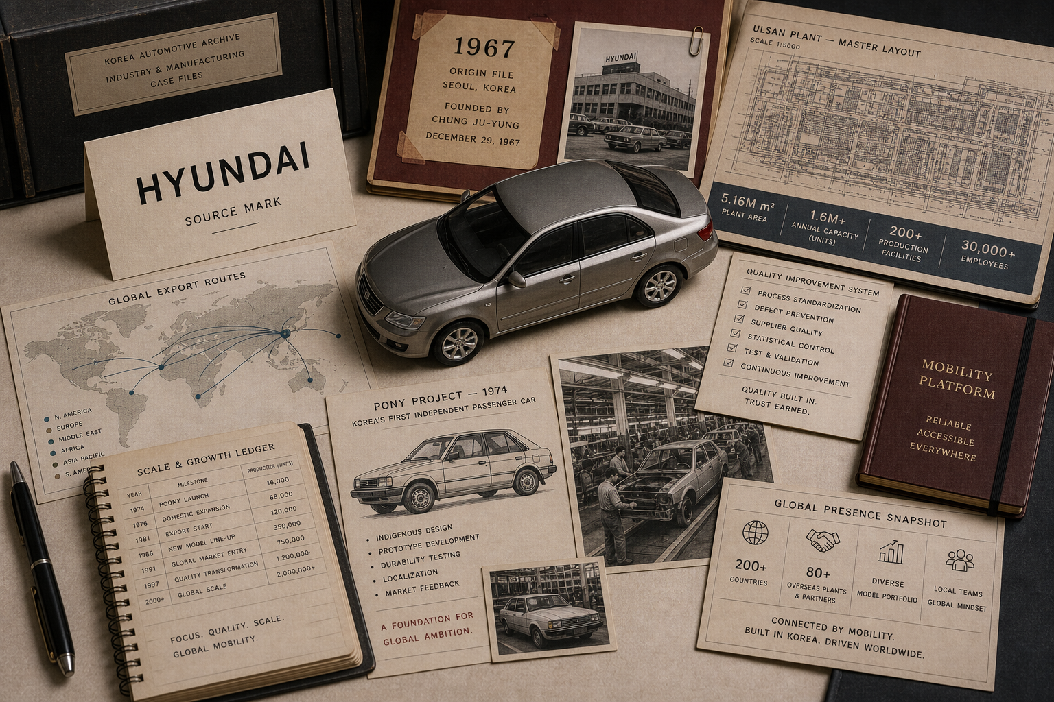 Premium editorial archive still-life of a Hyundai Ulsan scale case with source-mark card, car silhouette blocks, factory plan, export route cards, quality checklist, warranty tag, and mobility roadmap