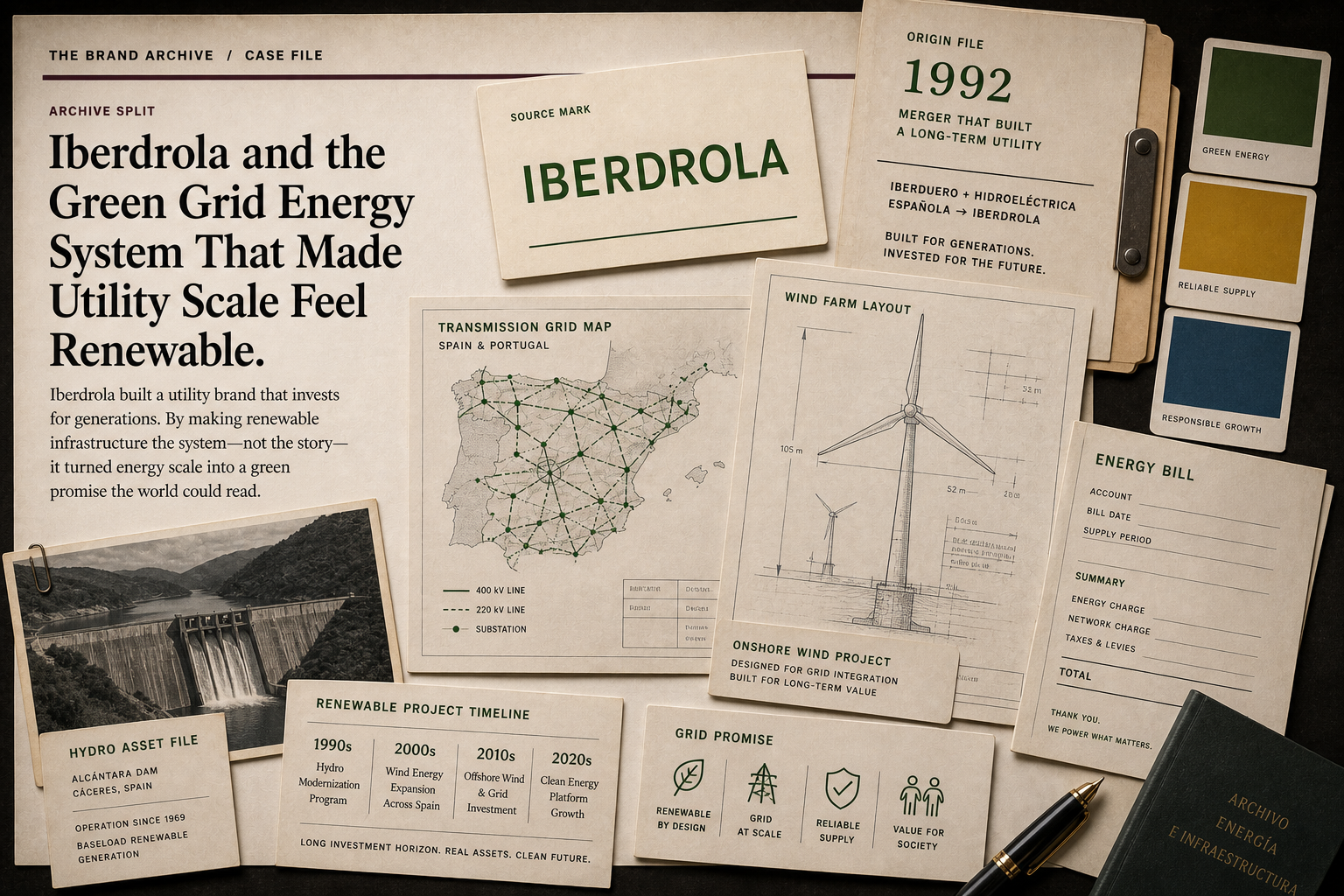 Premium editorial archive still-life of an Iberdrola green grid energy case with source-mark card, wind turbine blueprint, hydro dam file, transmission grid map, renewable project timeline, blank energy bill, color swatches, and 1992 merger file