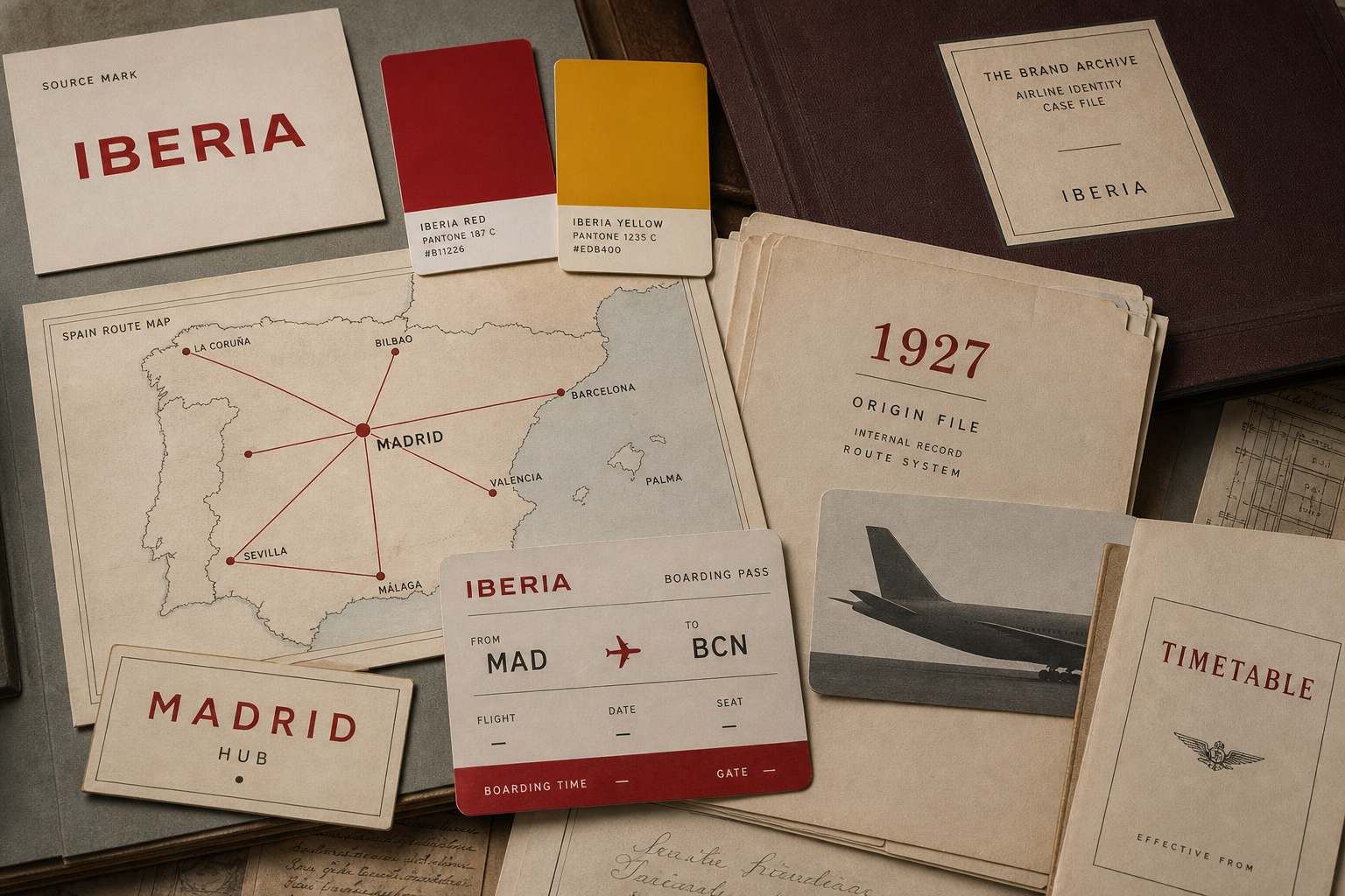 Premium editorial archive still-life of an Iberia red tail route case with source-mark card, red and yellow color cards, Spain route map, 1927 origin file, blank boarding pass, aircraft tail silhouette, timetable folder, and Madrid hub card