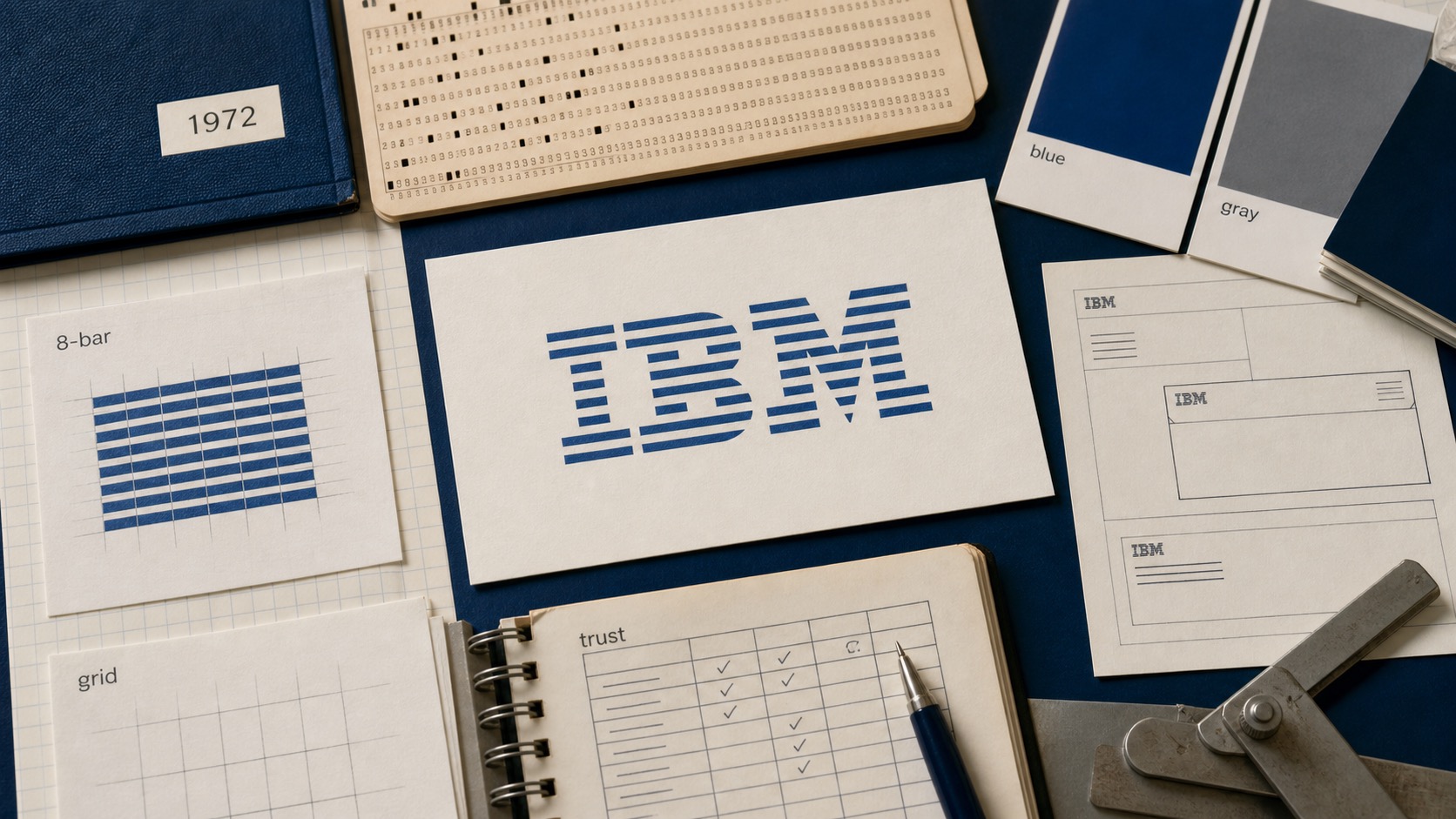 Premium editorial archive still-life of an IBM 8-bar logo corporate trust system case with a source-mark card, blue grid study, punch-card reference, color chips, and trust ledger