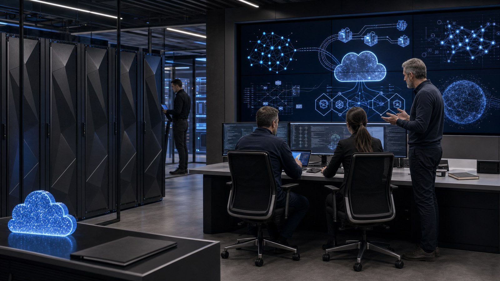 Hybrid cloud operations room with server racks and cloud architecture screens.
