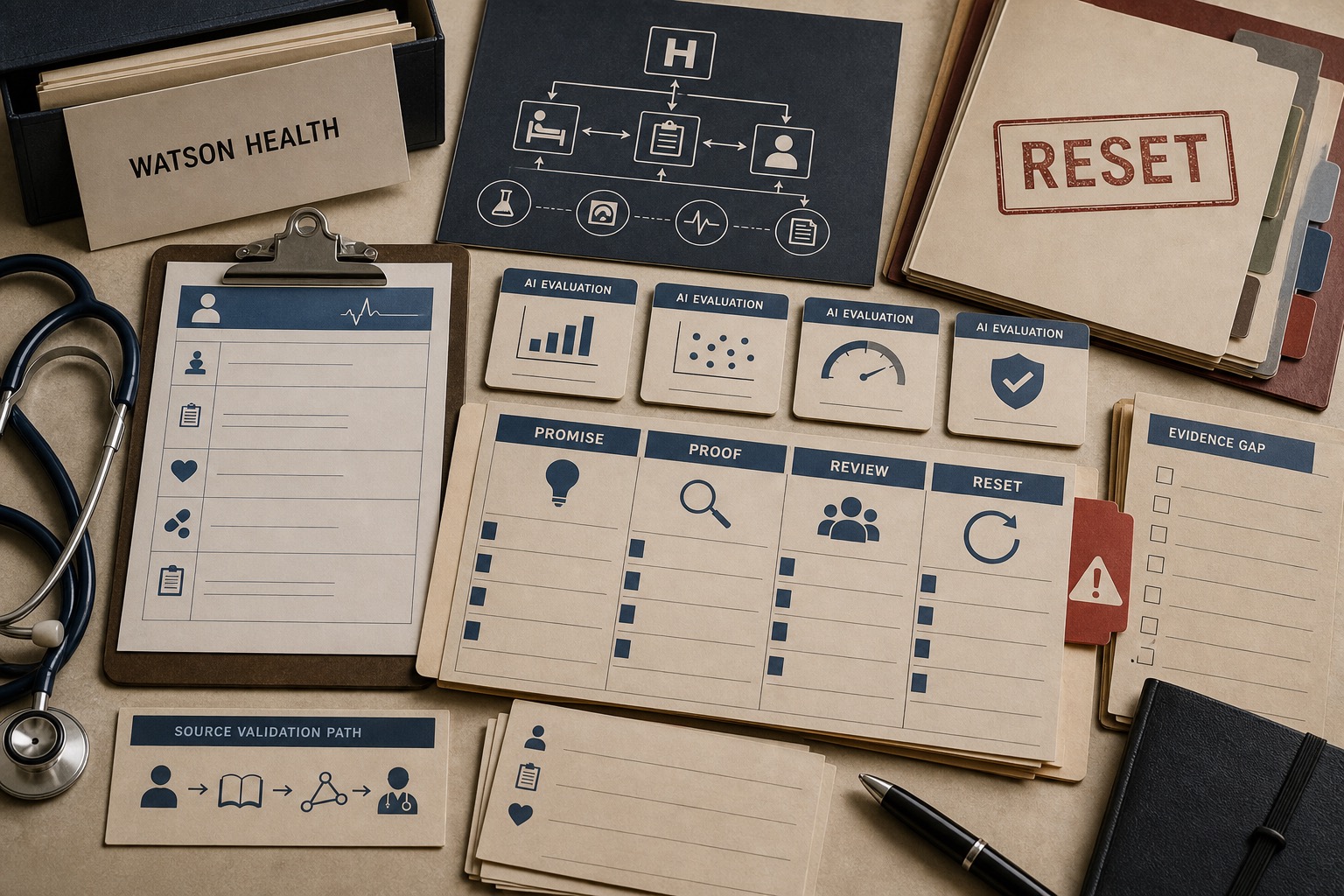 Premium editorial archive still-life of an IBM Watson Health AI promise proof gap case with source-mark card, stethoscope, blank clinical clipboard, AI evaluation tiles, promise-versus-proof board, reset folder, evidence checklist, and clinician review path