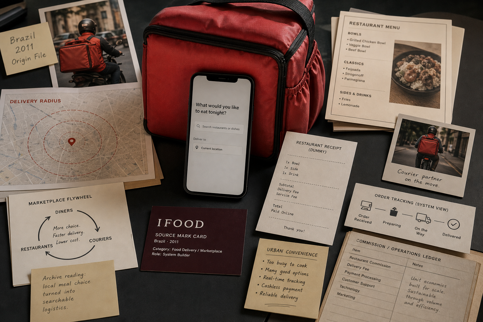 Premium editorial archive still-life of an iFood delivery marketplace case with source-mark card, red insulated delivery bag, blank phone order screen, restaurant receipt dummy, 2011 Brazil origin file, delivery radius map, restaurant menu cards, and marketplace flywheel note