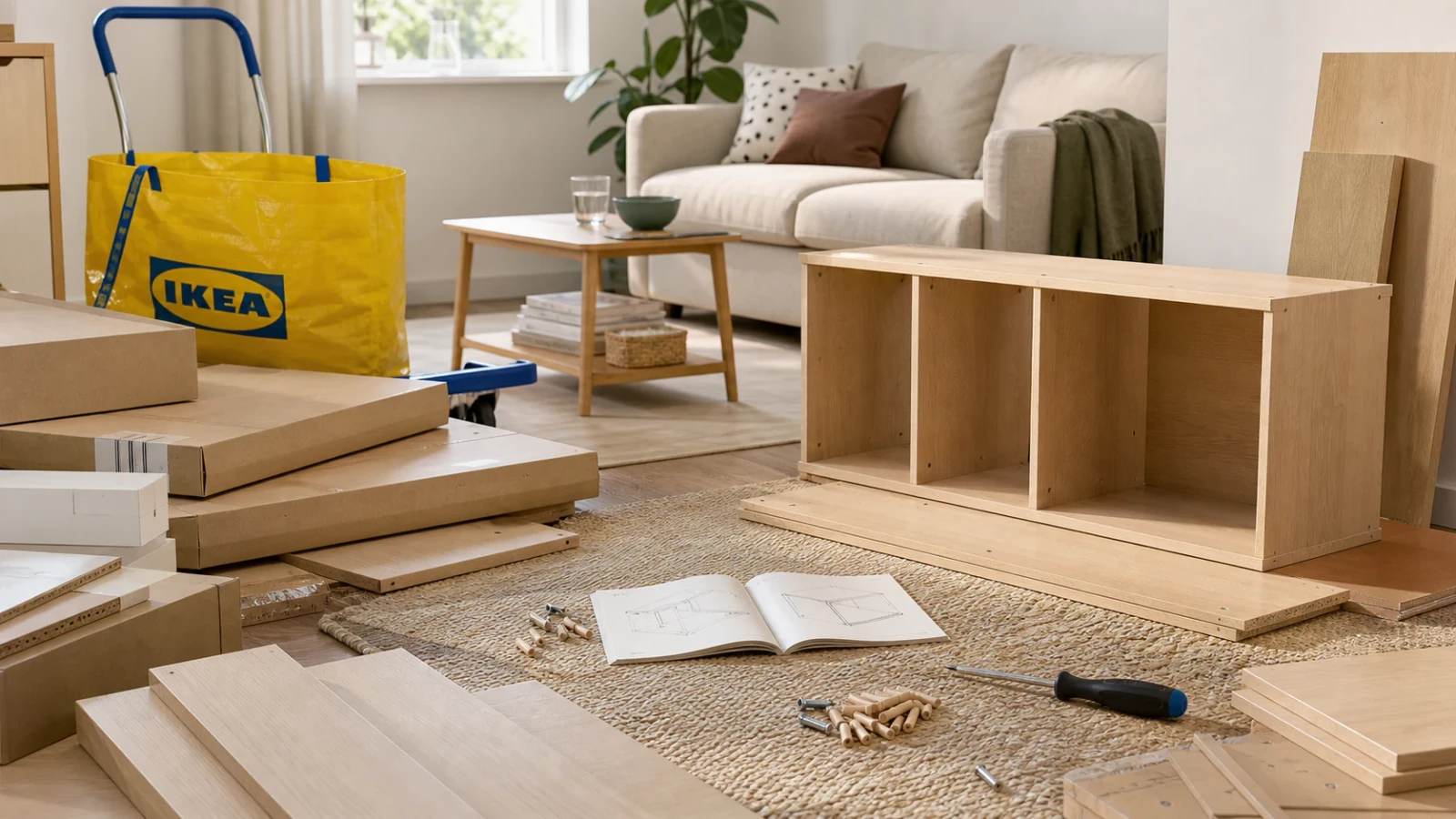 IKEA flat-pack furniture, yellow shopping bag, assembly instructions, and home setting.