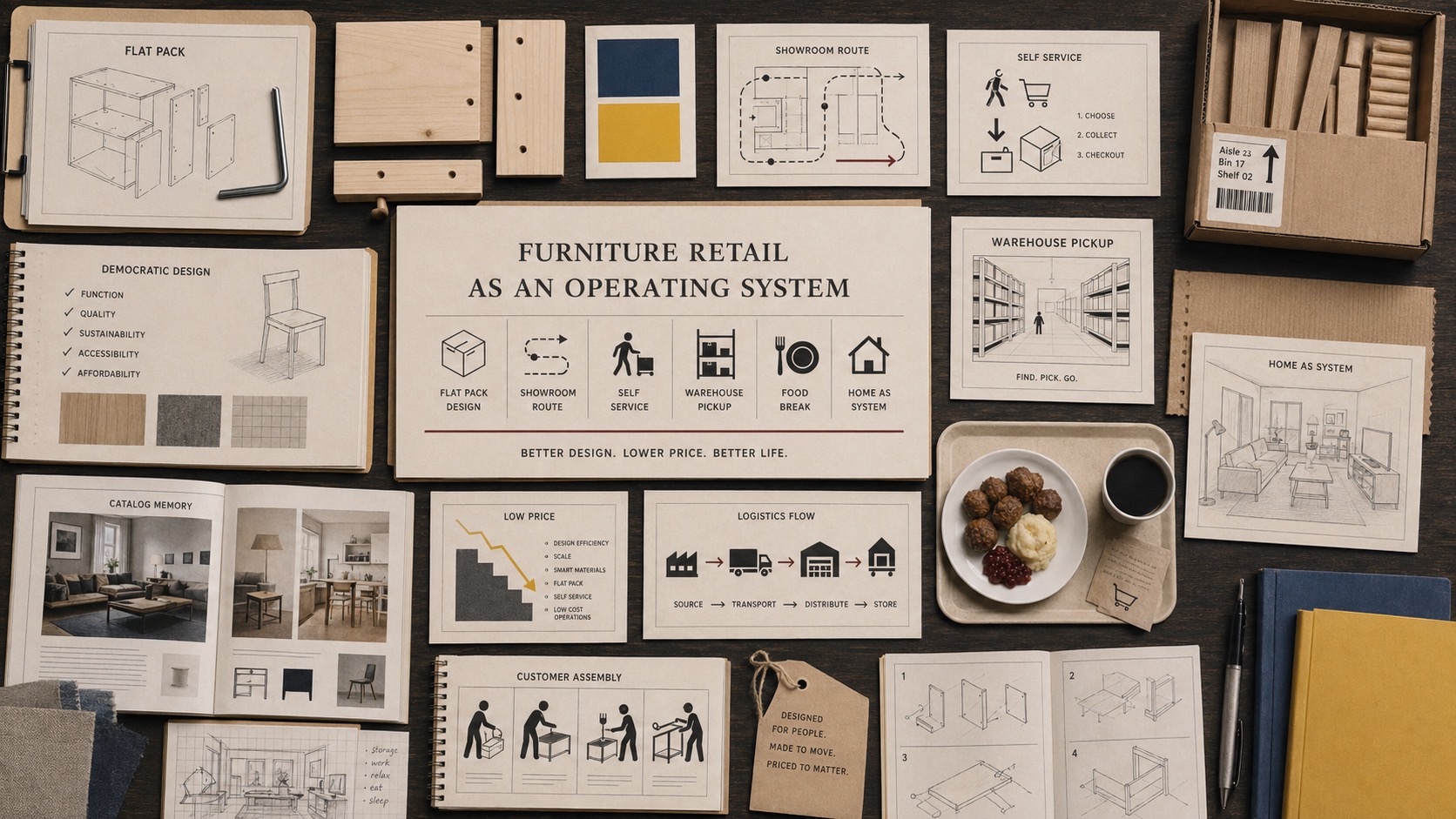 Premium editorial archive still-life of an IKEA furniture retail operating-system case board with generic flat-pack furniture panels, Allen key, showroom route map, self-service warehouse cards, catalog memory spread, low-price chart, food break tray, logistics flow, and customer assembly notes