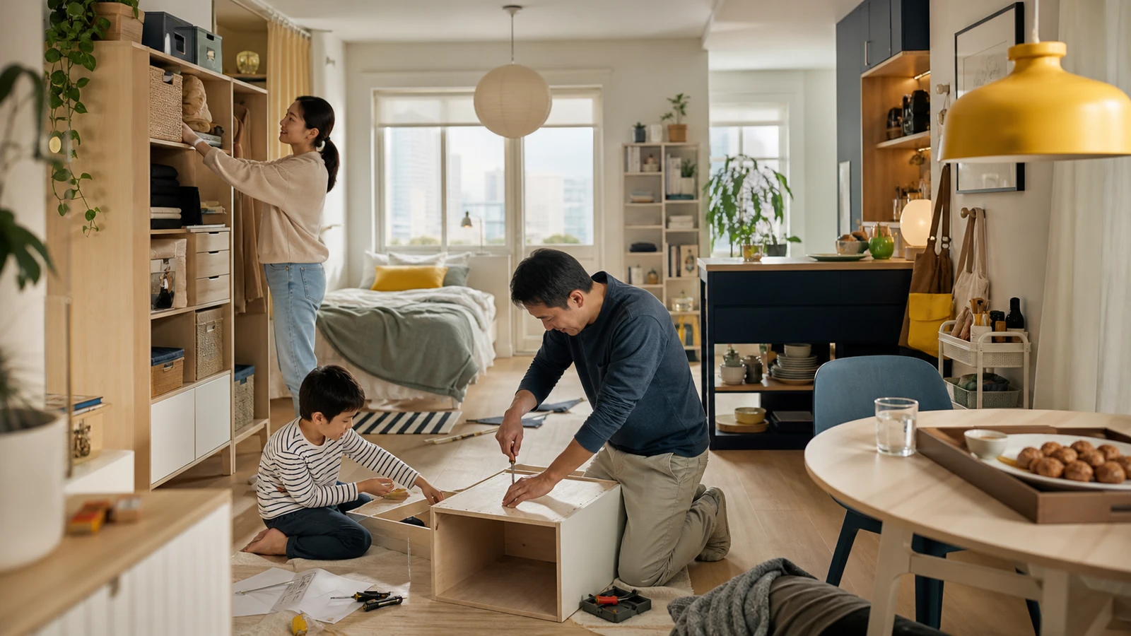 A family assembles modular storage in a compact, organized home with lighting, textiles, kitchen storage, and everyday-use cues.
