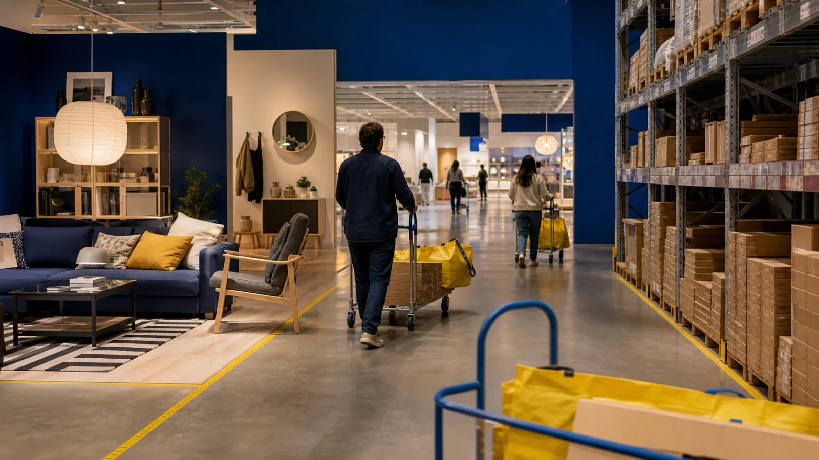 IKEA self-service warehouse aisle with shopper, cart, blue-yellow signage, and flat-pack boxes.