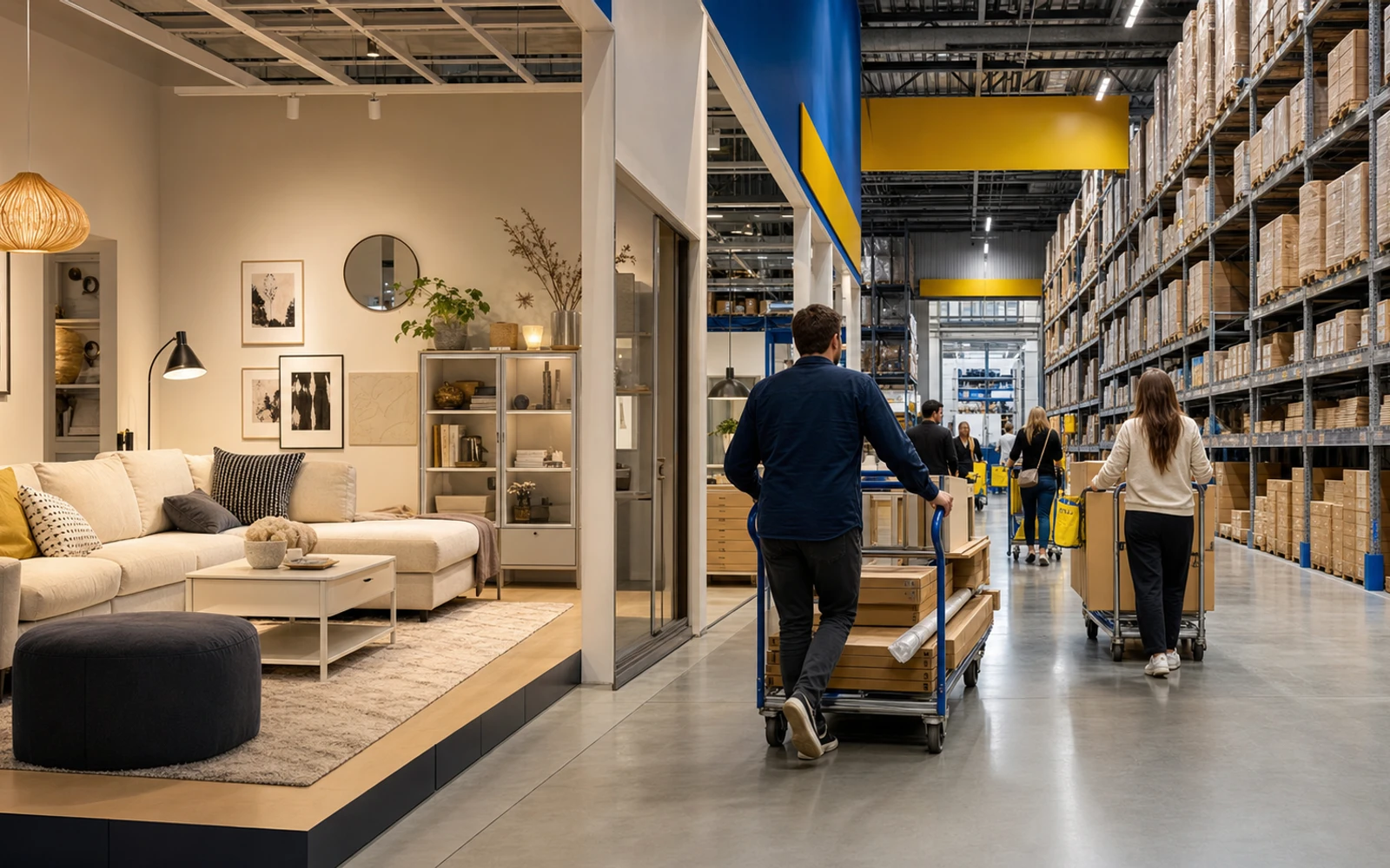 IKEA flat-pack furniture surface showing price, transport, assembly, and home use as one operating choice.