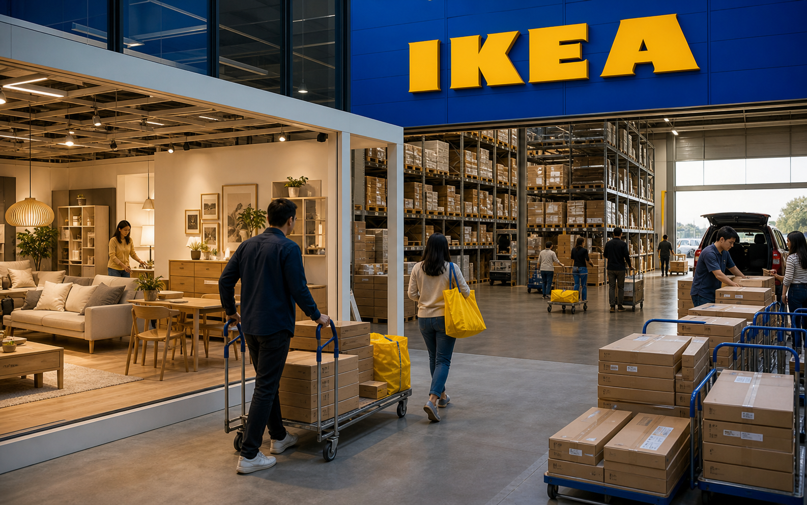 IKEA warehouse and showroom entrance with flat-pack pickup cues, carts, and blue-yellow signage.