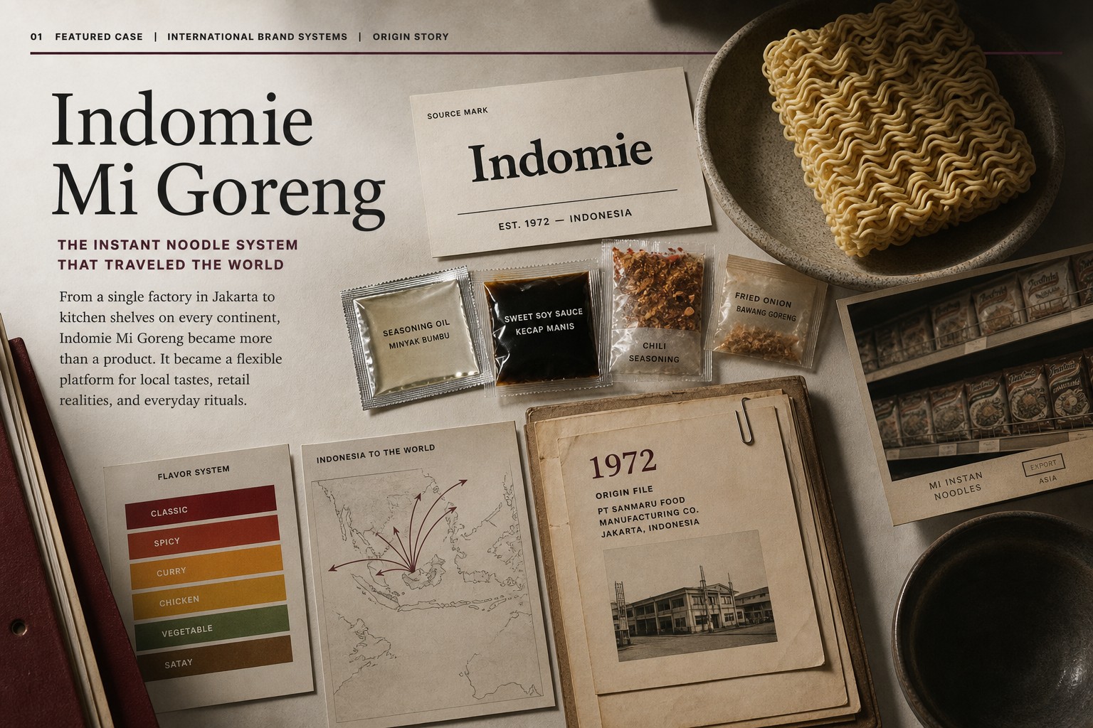 Premium editorial archive still-life of an Indomie Mi Goreng instant noodle case with source-mark card, instant noodle block, seasoning sachet mockups, flavor color swatches, Indonesia export map, grocery shelf card, 1972 origin file, and bowl silhouette