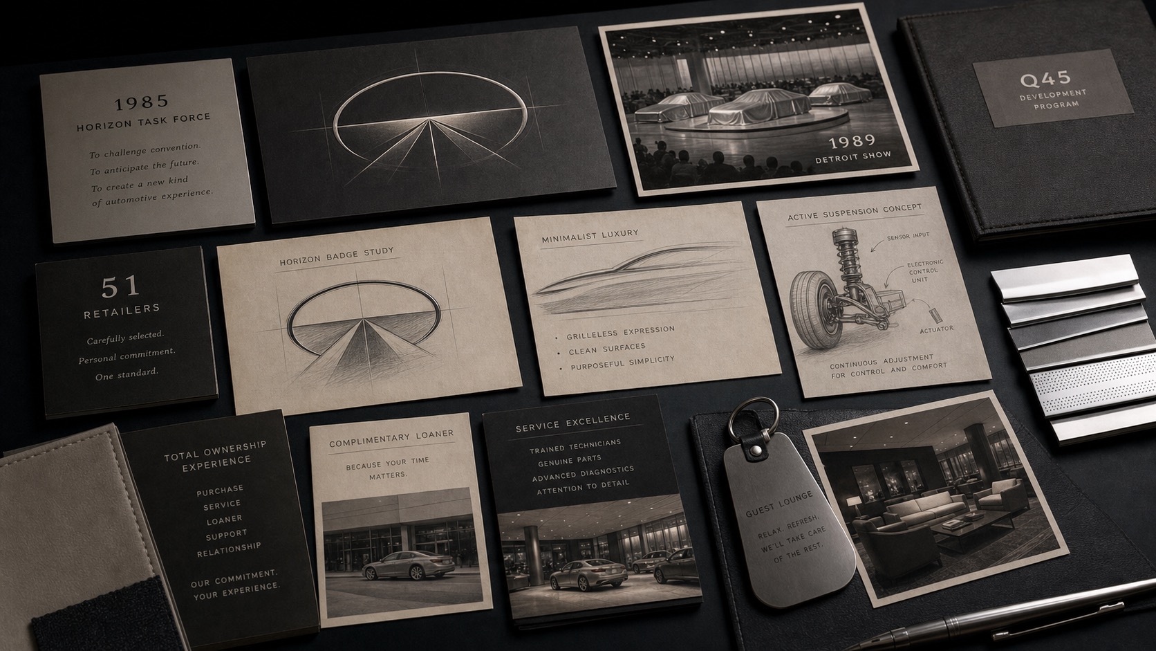 Premium editorial archive still-life of an INFINITI horizon-ownership case with horizon-road emblem study, 1985 task force card, 1989 Detroit show card, Q45 folder, minimalist styling sketch, active suspension diagram, loaner-service card, key tag, and silver trim samples
