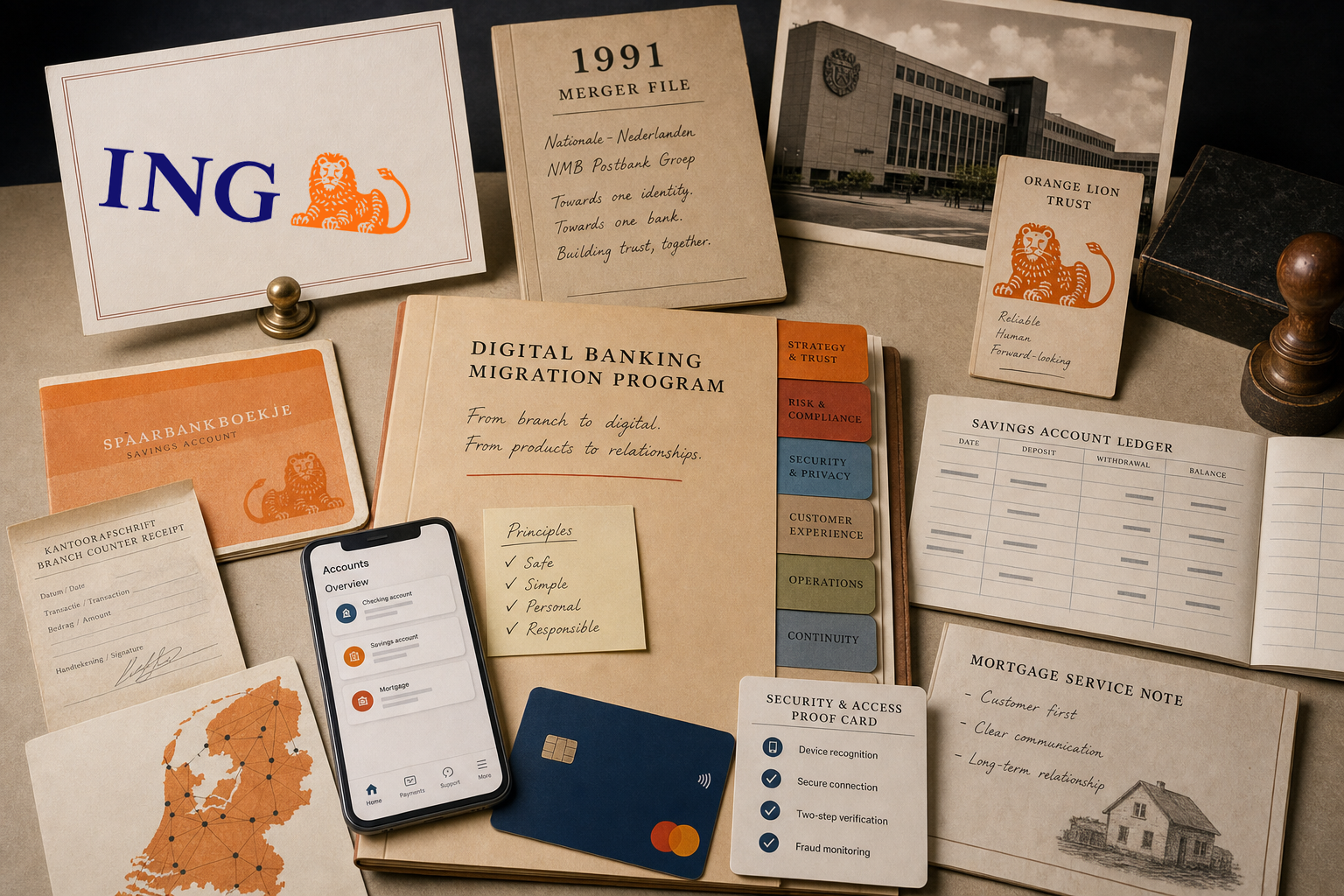 Premium editorial archive still-life of an ING digital banking trust case with ING source-mark card, 1991 merger file, orange lion trust card, savings passbook, bank card silhouette, mobile banking card, branch receipt, security proof card, and savings ledger