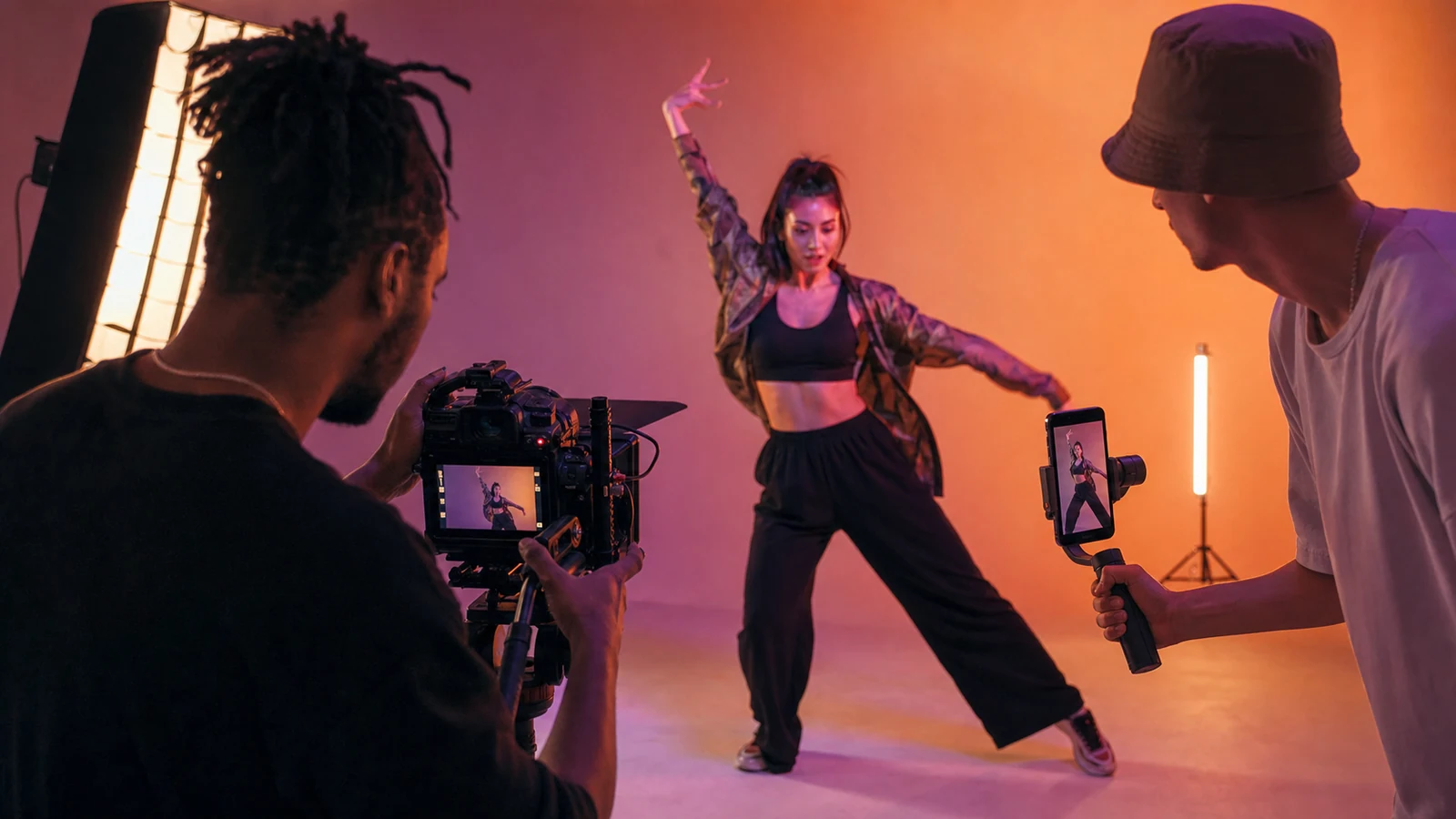 A dancer and filmmaker produce a vertical short video with a phone and camera rig.