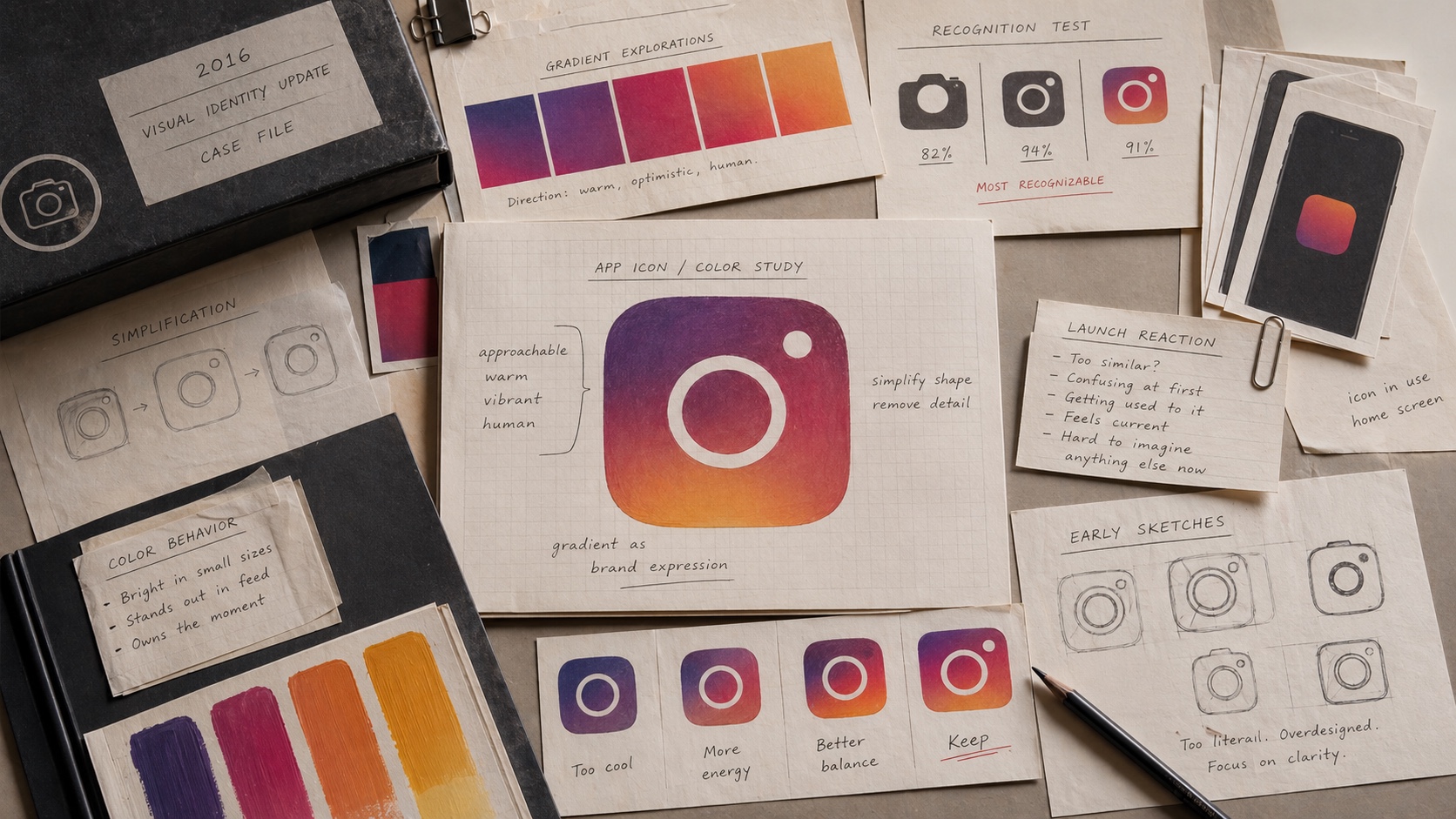 Premium editorial archive still-life of gradient icon studies, camera-symbol abstraction cards, and app redesign notes