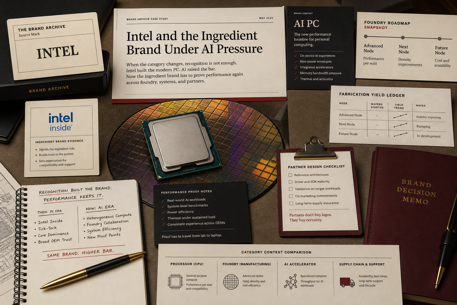 Premium editorial archive still-life of an Intel ingredient-brand case with Intel source-mark card, processor package, silicon wafer, AI PC card, foundry roadmap, yield ledger, partner design checklist, and performance proof notes