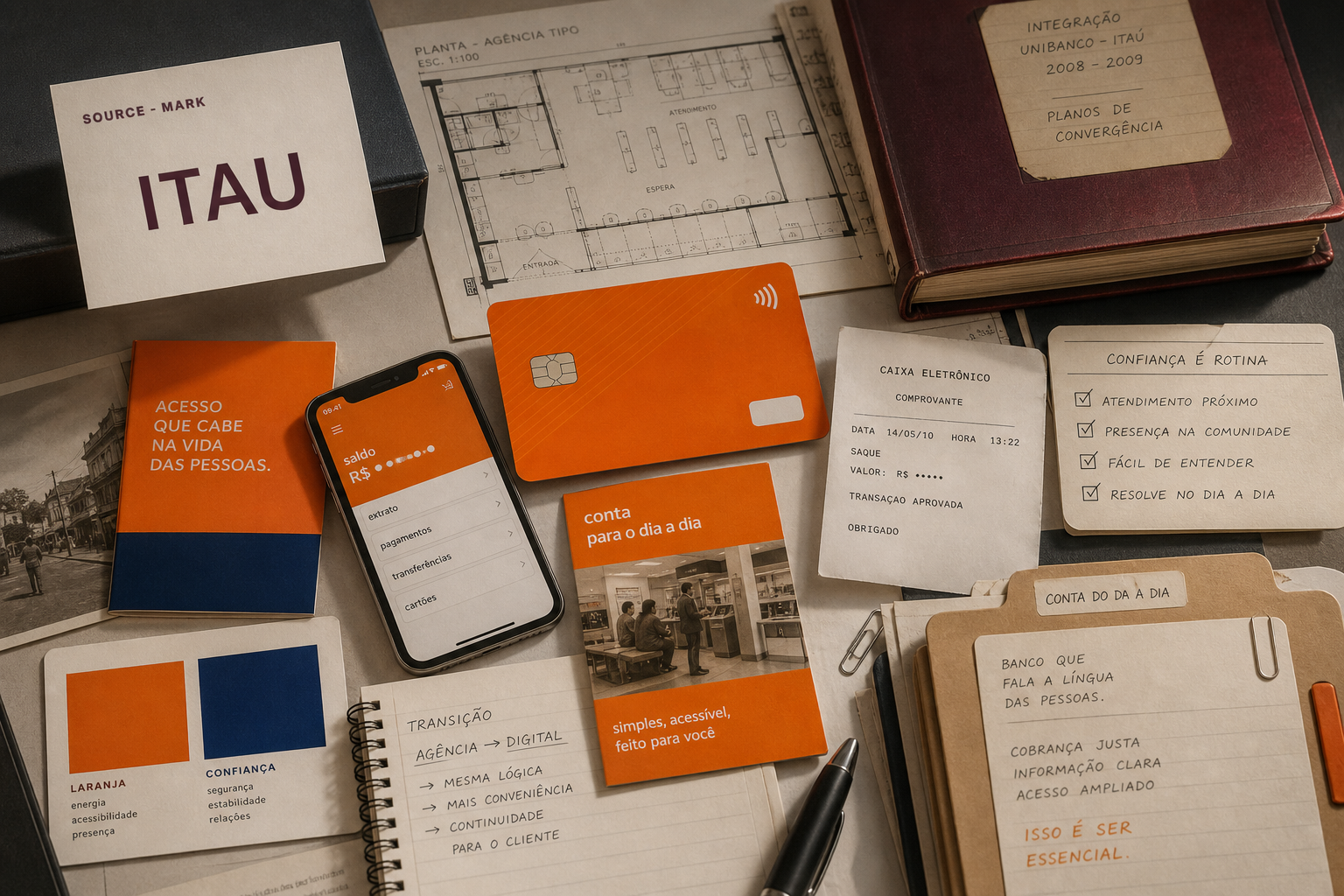 Premium editorial archive still-life of an Itau orange banking case with source-mark card, orange bank card, branch plan, ATM receipt dummy, mobile banking card, merger ledger, customer access note, and trust checklist