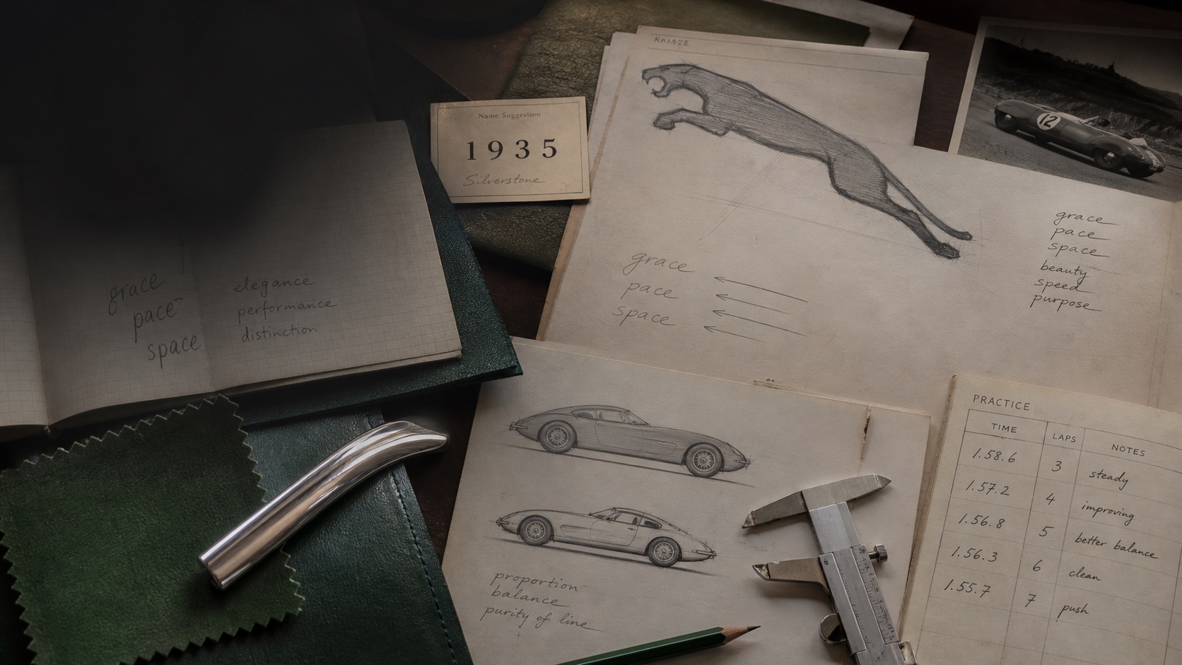 Premium editorial archive still-life of a Jaguar leaper case with generic leaping big-cat study, 1935 name card, Grace Pace Space notes, sports car silhouette sketches, racing timing sheet, chrome trim sample, green leather swatch, and design calipers
