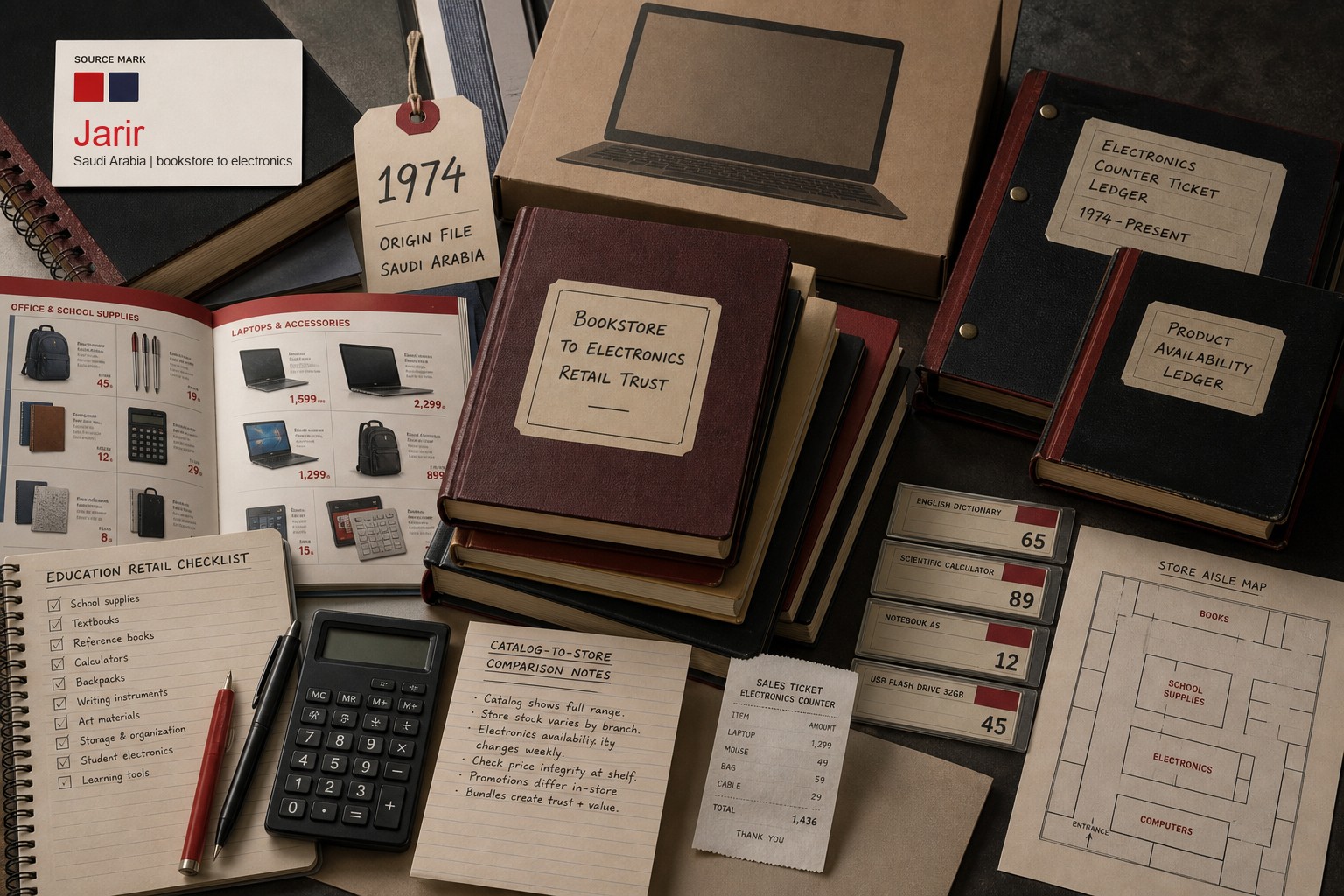 Premium editorial archive still-life of a Jarir bookstore and electronics retail case with source-mark card, 1974 origin file, book stack, laptop box silhouette, catalog pages, school supplies, calculator, store aisle map, shelf labels, receipt, and product availability ledger