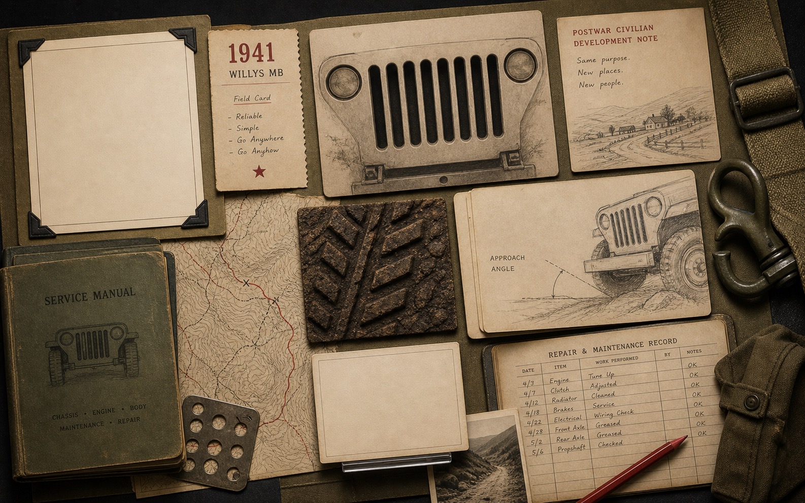 Premium editorial archive still-life of a Jeep seven-slot grille capability case with generic grille study, 1941 Willys MB field card, service manual, trail map, tire tread sample, tow hook, repair ledger, and approach-angle sketch