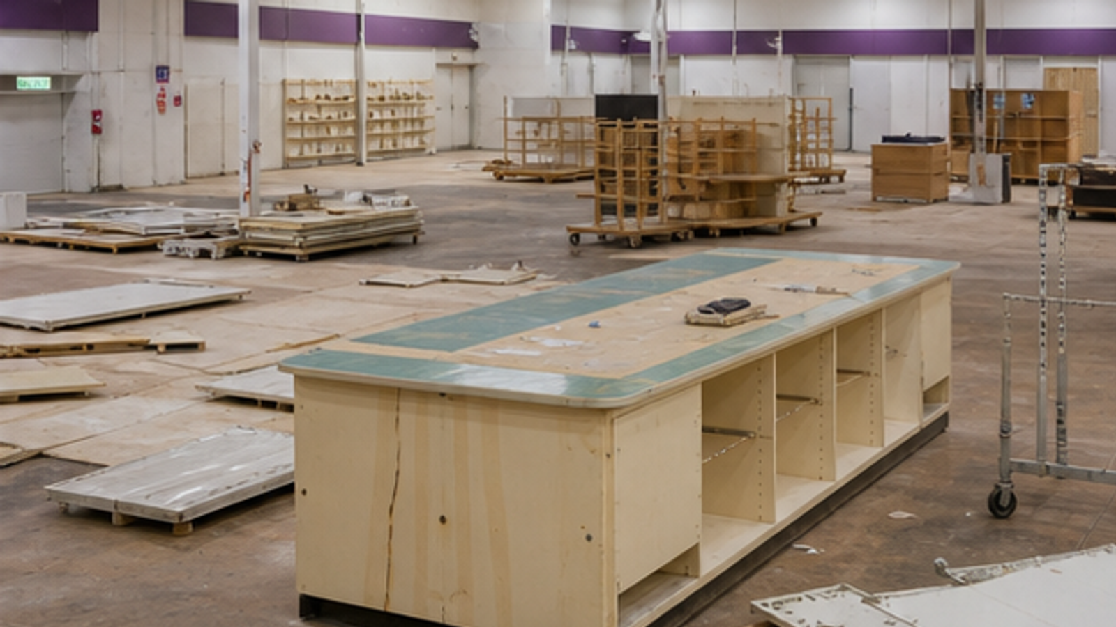 An emptied craft superstore with cutting tables and fixtures being removed.