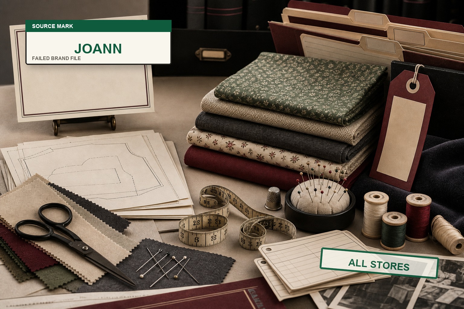 Premium editorial archive still-life of a JOANN failed-brand case with folded fabric, thread spools, pattern sheet, supply-disruption card, store-closing tag, and bankruptcy ledger