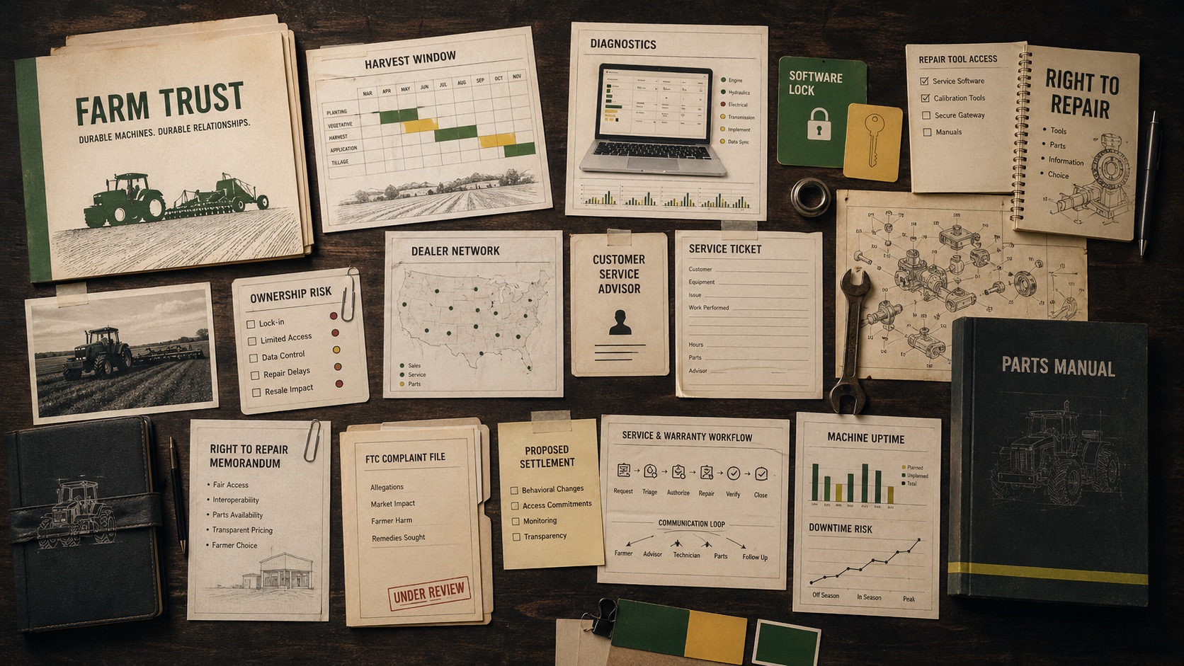 Premium editorial archive still-life of a John Deere right-to-repair trust case board with generic tractor silhouettes, harvest calendar, diagnostic laptop, service access notes, dealer network map, software lock cards, parts manual, FTC complaint file, proposed settlement note, and machine uptime chart