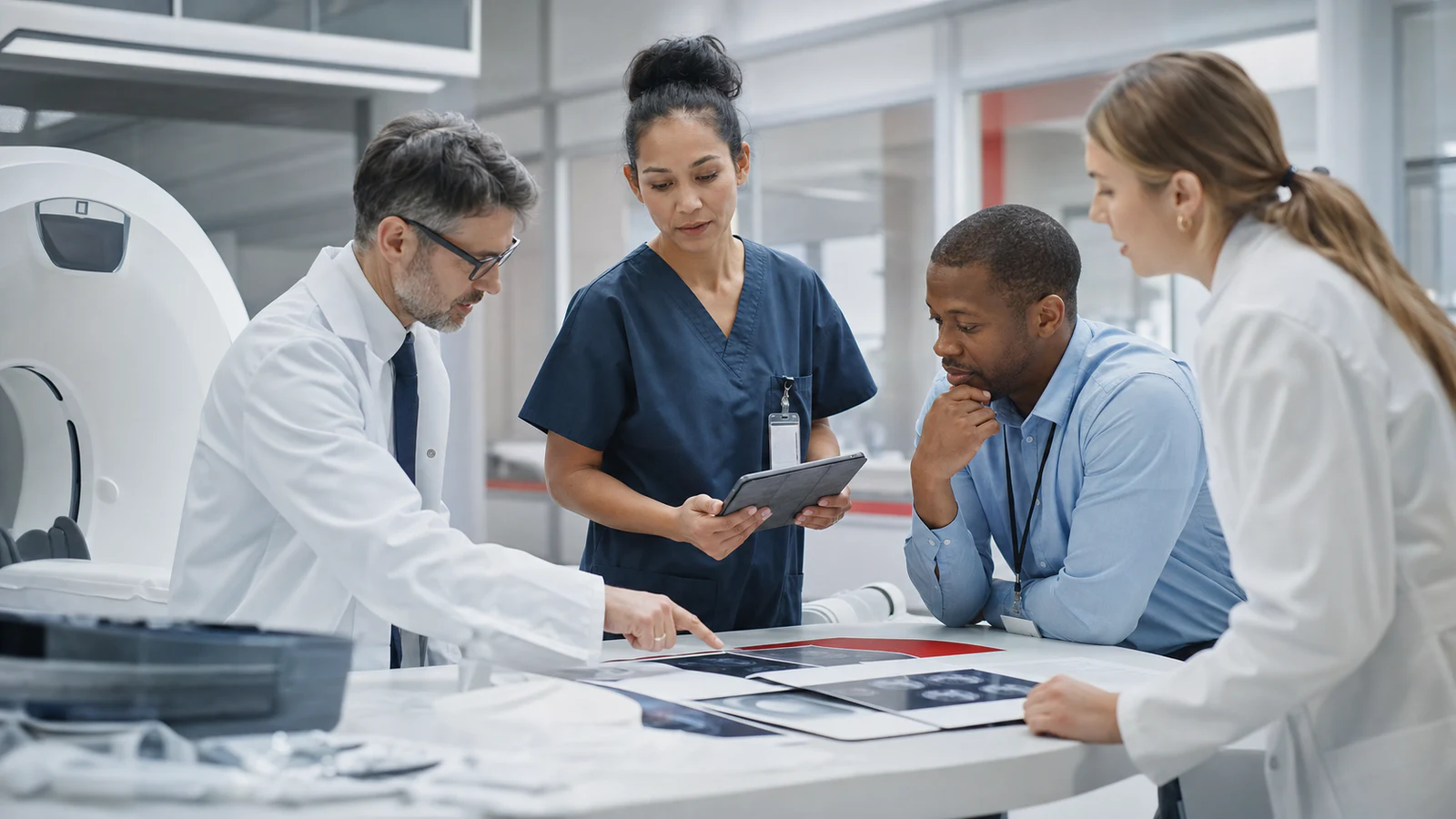 Clinical team coordinating medicine and medical-device care beside an unbranded treatment system.