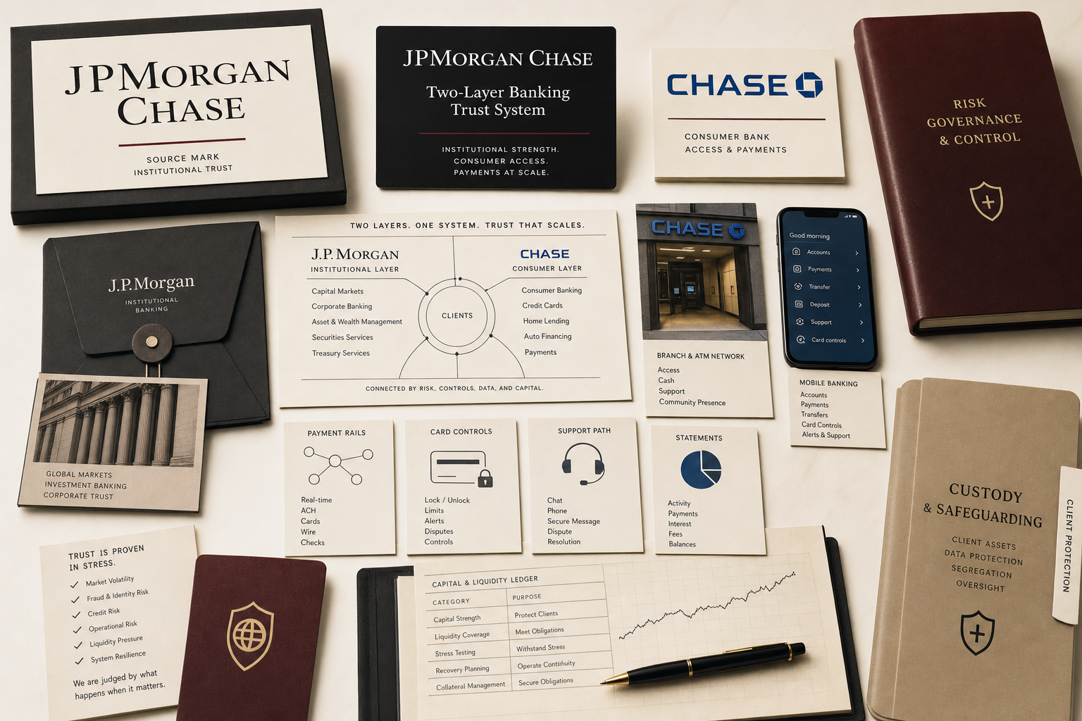 Premium editorial archive still-life of a JPMorgan Chase banking trust case with JPMorgan Chase source-mark card, Chase card cue, consumer banking lane, institutional banking lane, payment rail ledger, card controls, custody folder, support path, and risk governance book