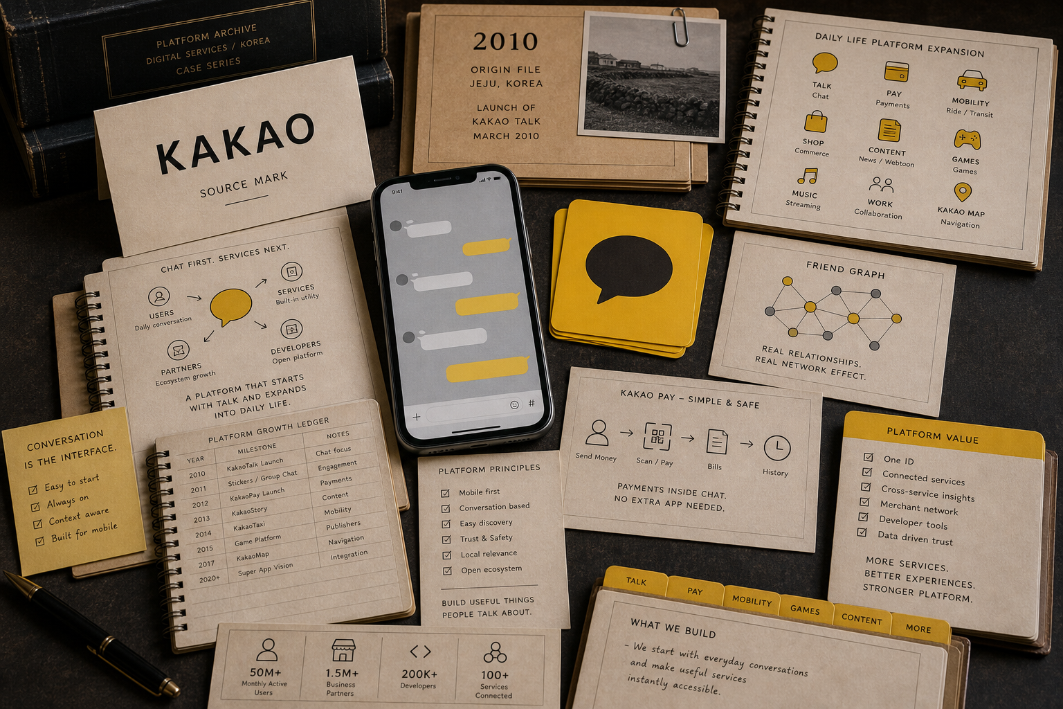 Premium editorial archive still-life of a Kakao chat platform case with source-mark card, yellow chat tiles, character-free sticker blocks, payment token, taxi route card, content card, and commerce receipt