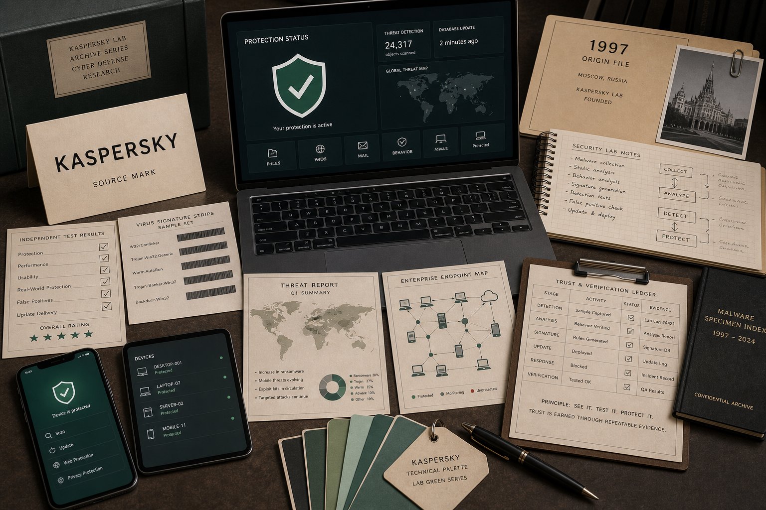 Premium editorial archive still-life of a Kaspersky security lab case with source-mark card, laptop protection dashboard, malware specimen cards, endpoint map, 1997 origin file, threat report folder, independent test checklist, and verification ledger