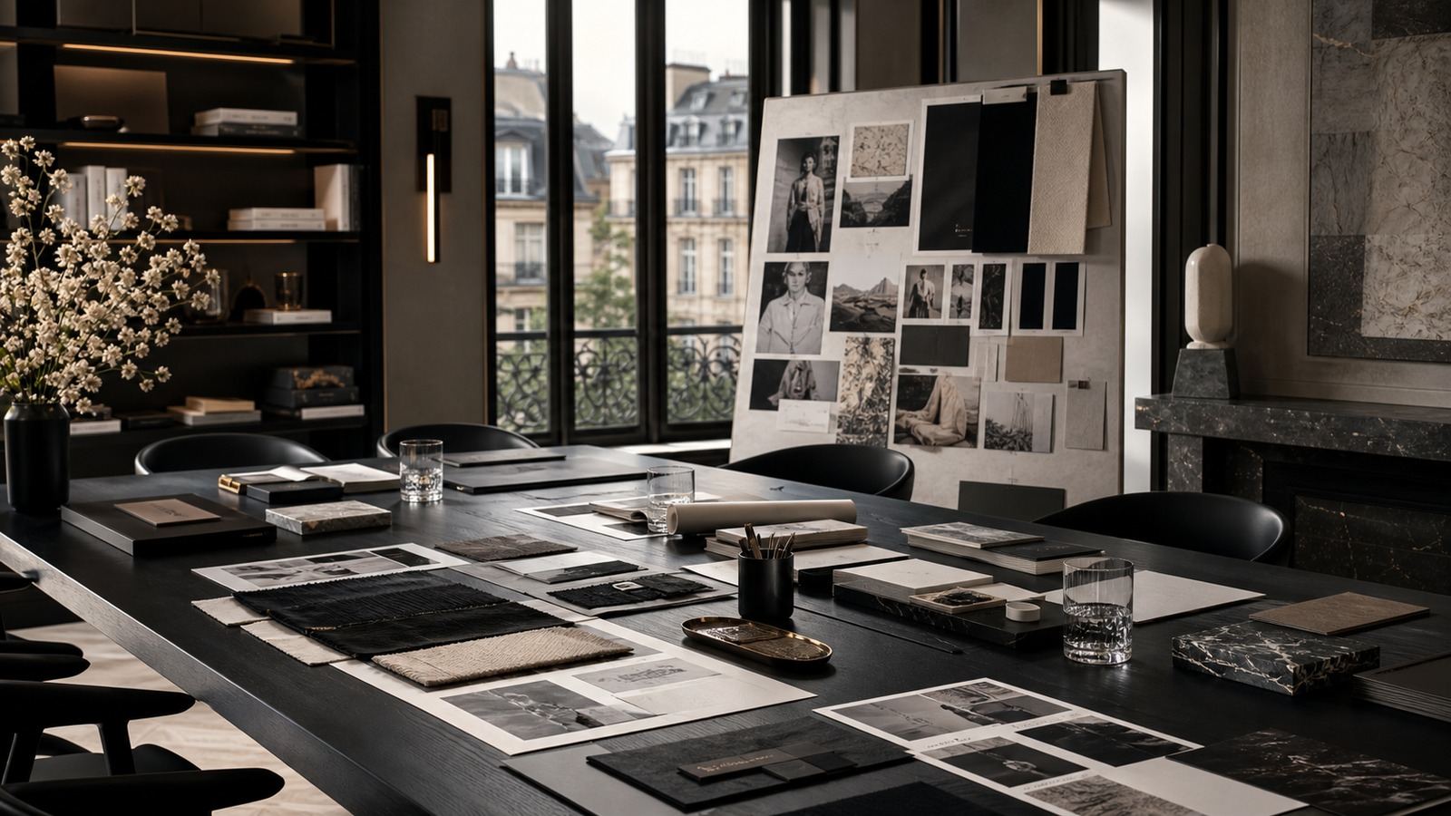 Kering luxury-group creative review room in Paris with material and house-direction boards.