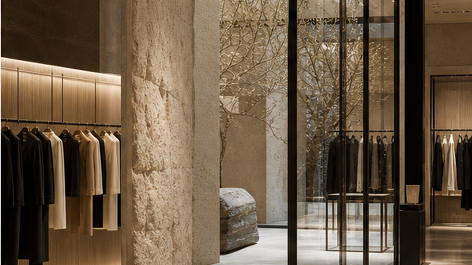 Kering generated non-logo brand visual: Retail architecture carries recognition.