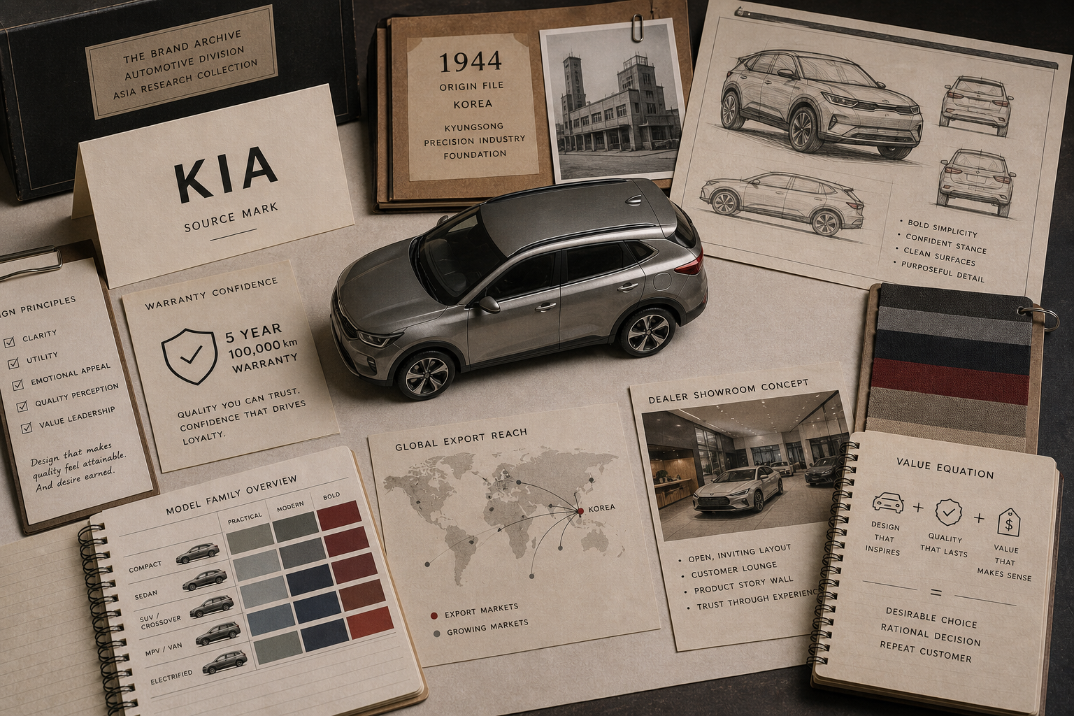 Premium editorial archive still-life of a Kia design-led value case with source-mark card, car profile studies, grille geometry cards, value ladder, warranty tag, model cadence calendar, and showroom material samples
