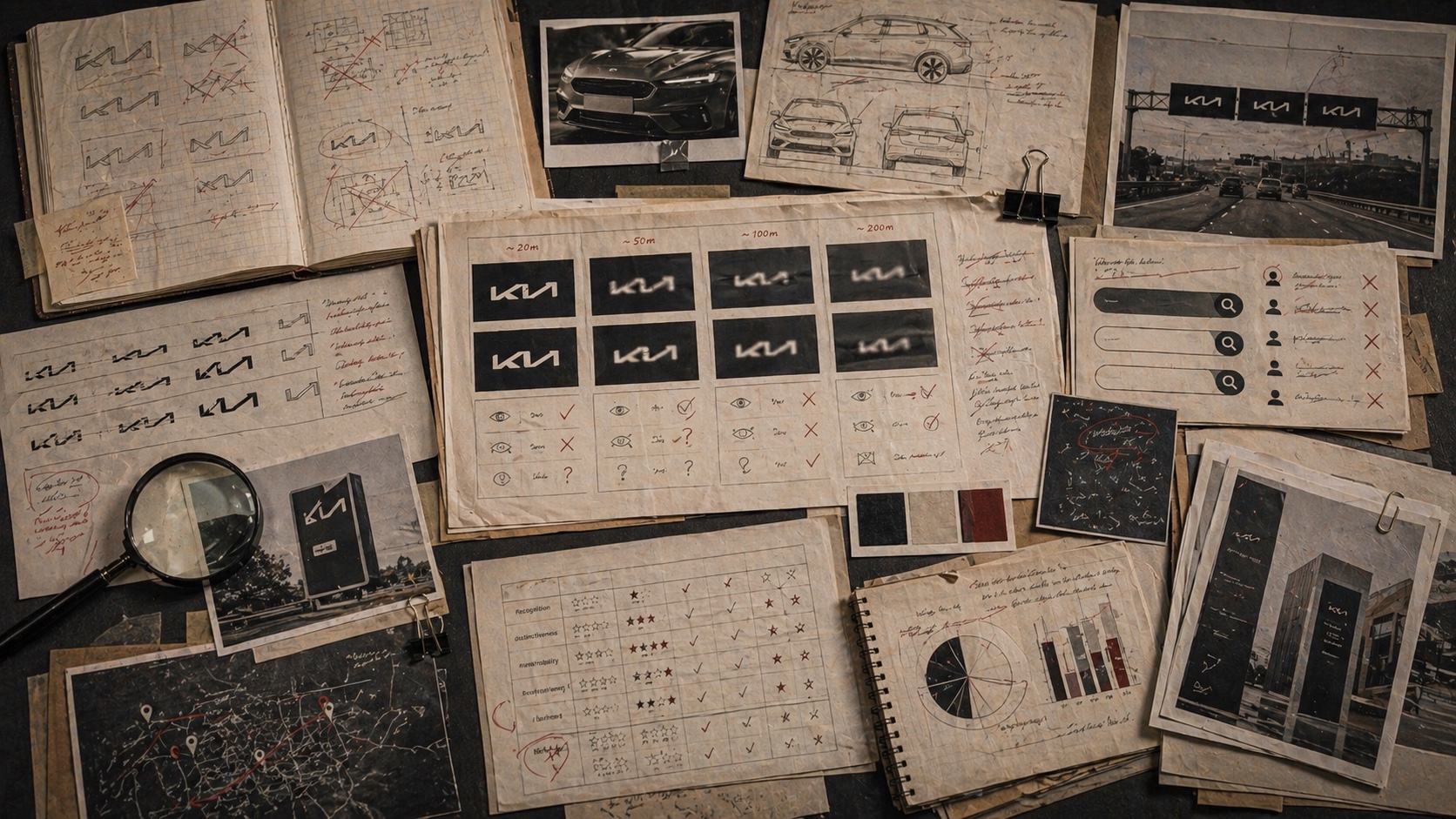 Editorial archive table with automotive badge legibility tests, road-distance recognition cards, and search confusion notes