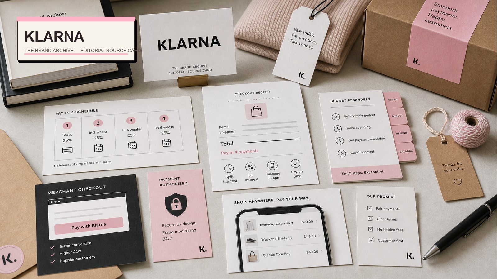 Premium editorial archive still-life of a Klarna checkout BNPL trust case with Klarna source-mark card, abstract checkout receipt, payment schedule cards, merchant checkout mock card, shopping app card, lock card, reminder tabs, pink payment token, and parcel materials